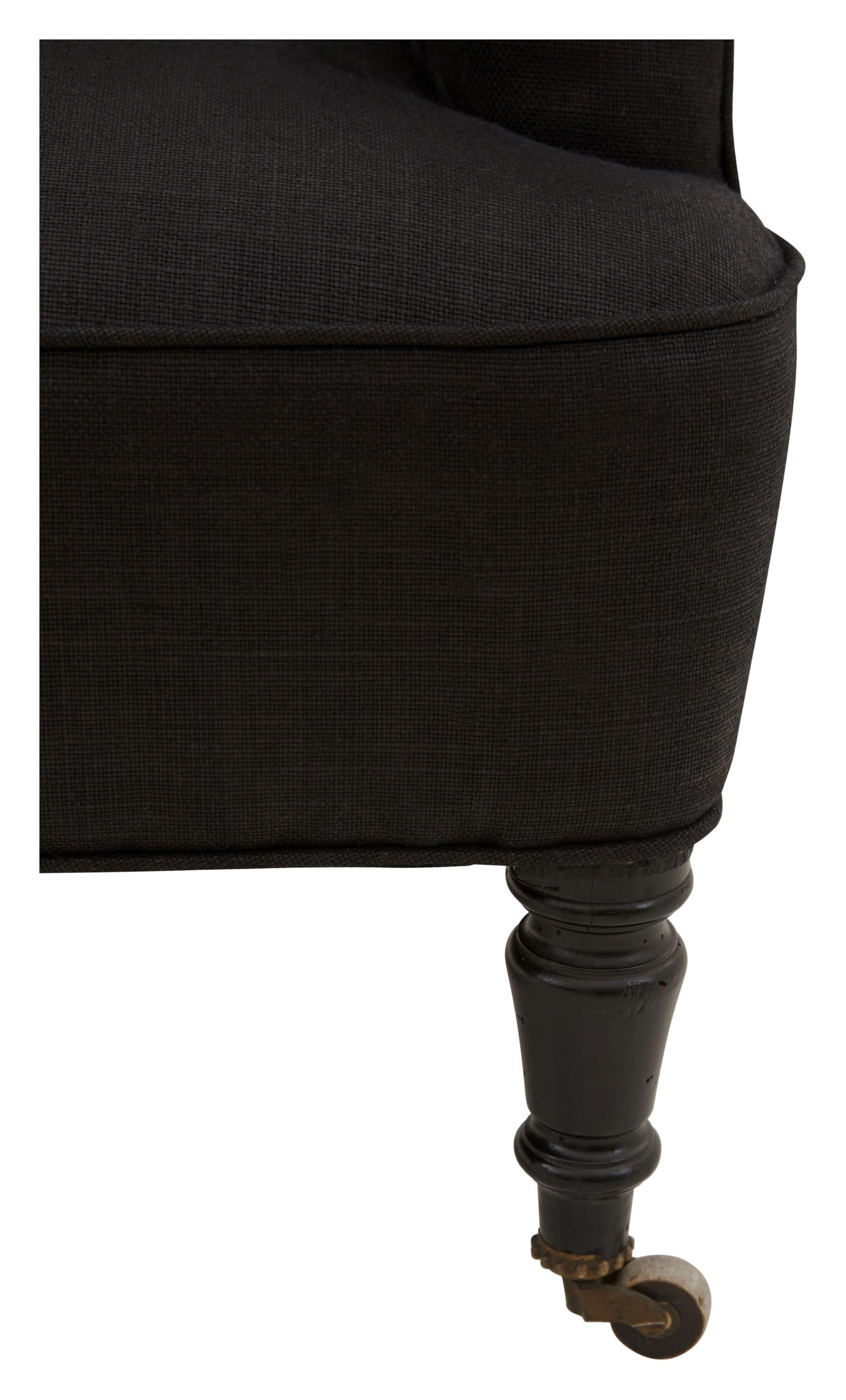 Napoleon III Tufted Armchair Reupholstered in Black Glazed Linen 1