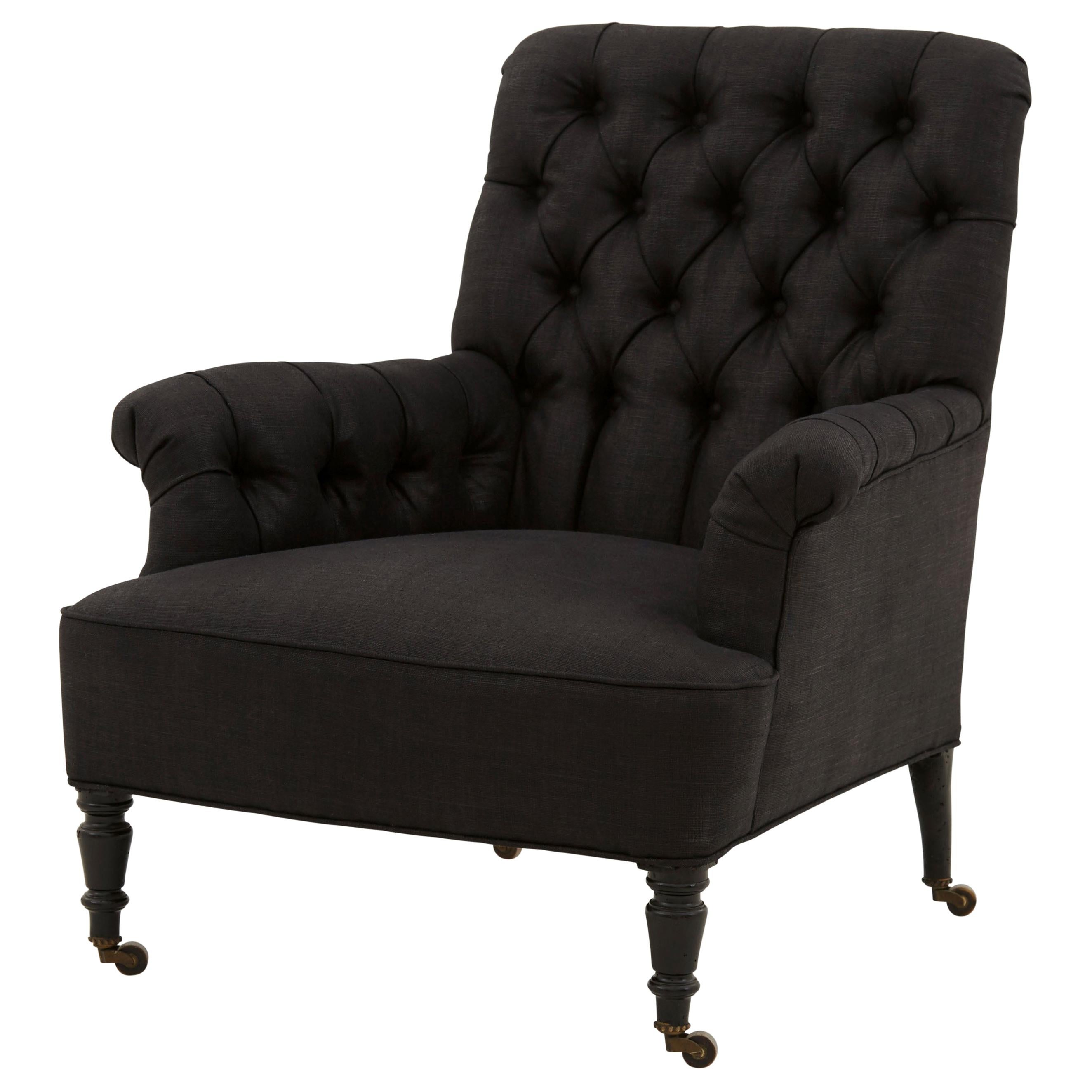 Napoleon III Tufted Armchair Reupholstered in Black Glazed Linen