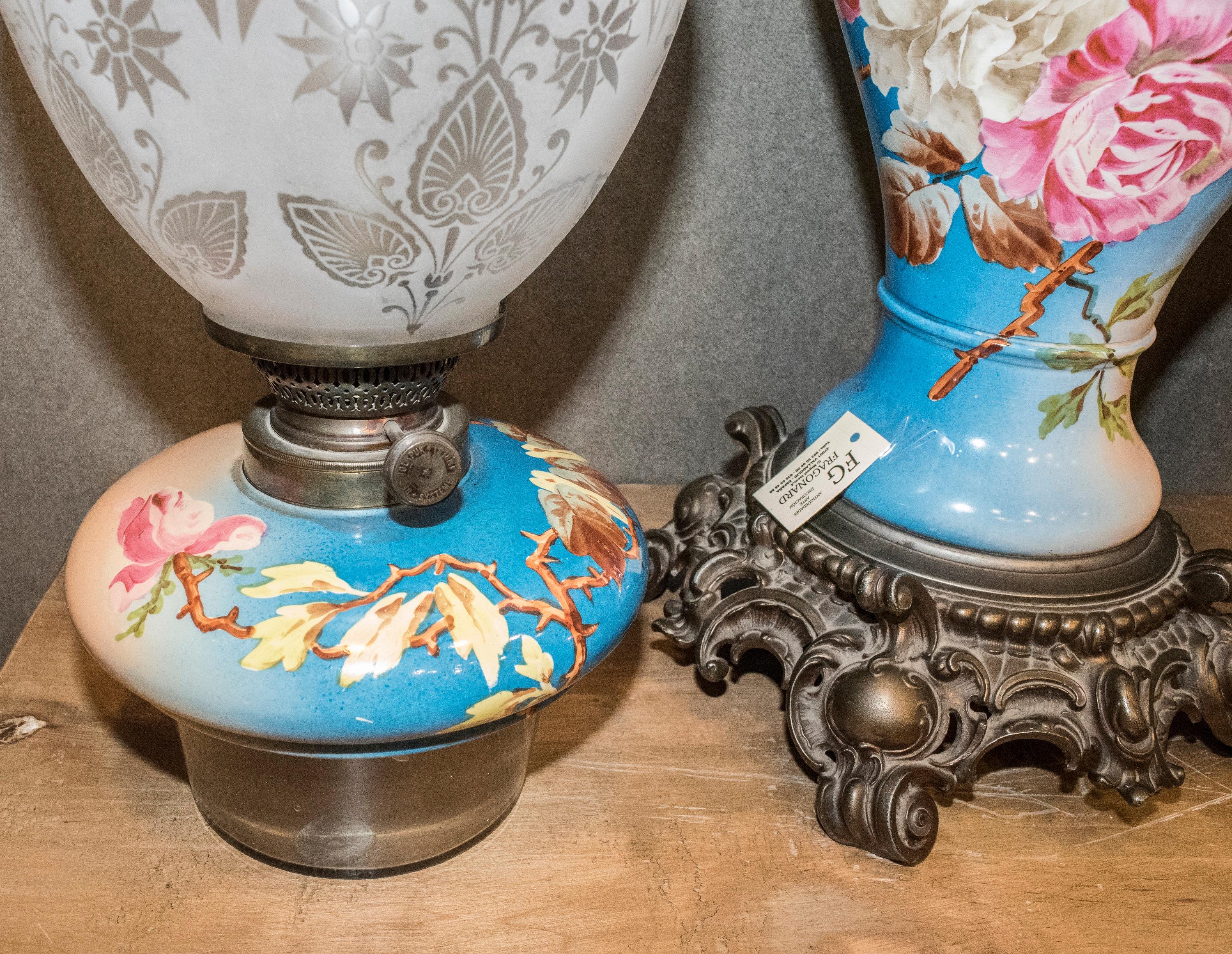 Napoleon III Gas lamp Turquoise and Pink Floral French Mayolique  