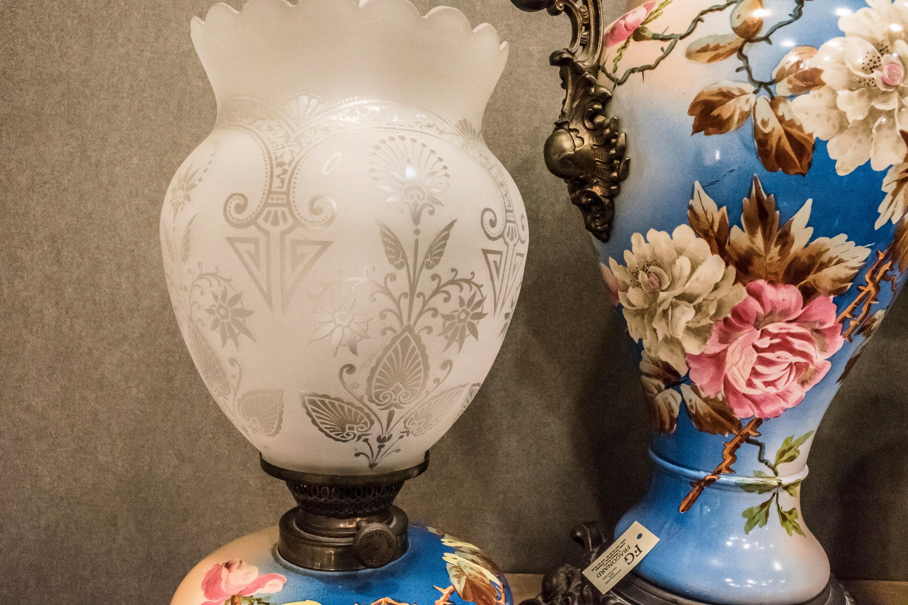 Napoleon III Gas lamp Turquoise and Pink Floral French Mayolique  