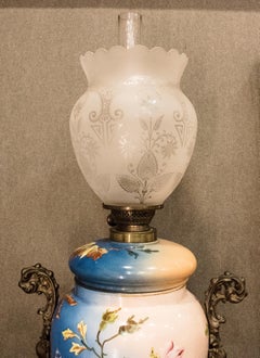Napoleon III Gas lamp Turquoise and Pink Floral French Mayolique  "Quinque"
