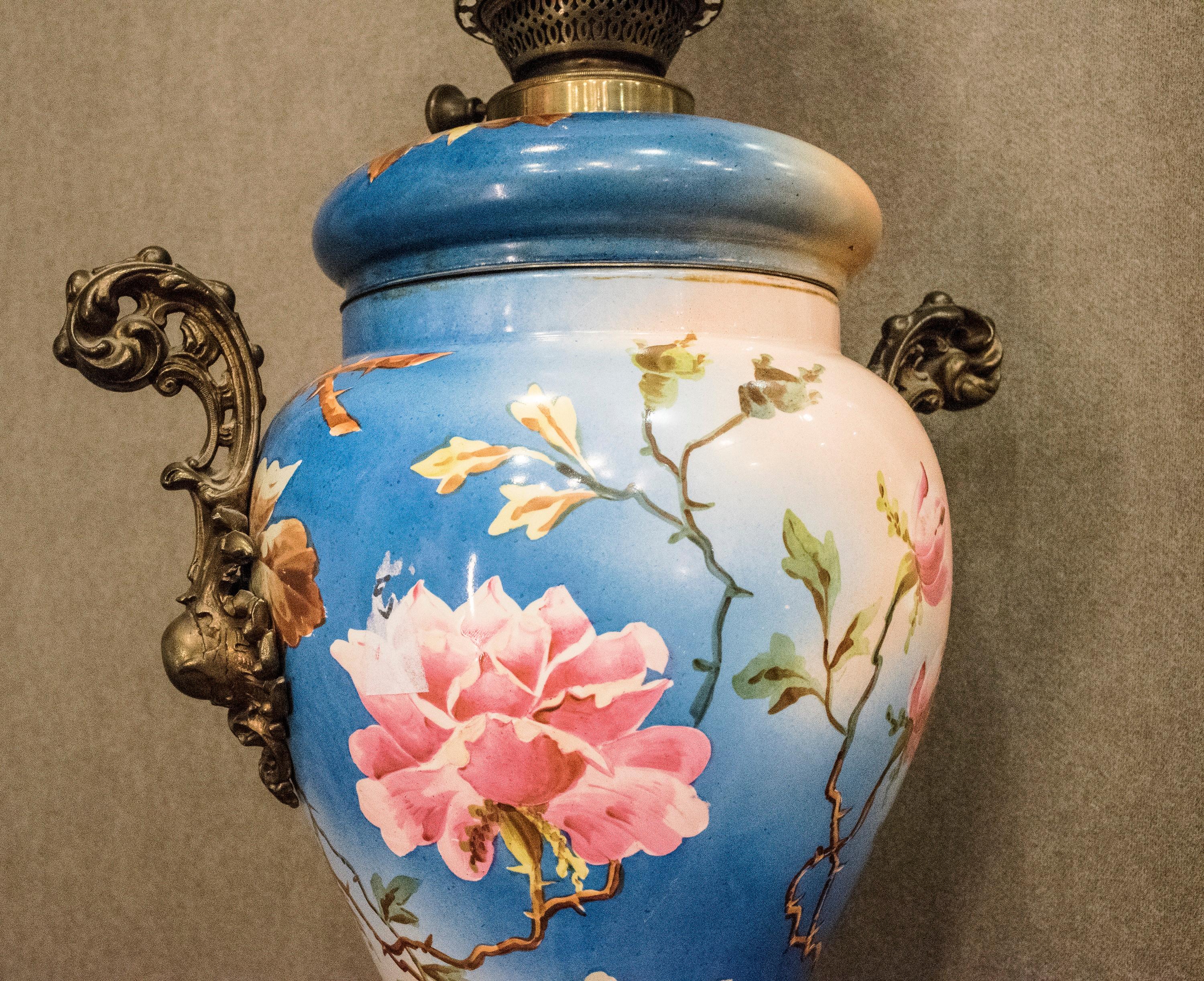 Mid-19th Century Napoleon III Gas lamp Turquoise and Pink Floral French Mayolique  