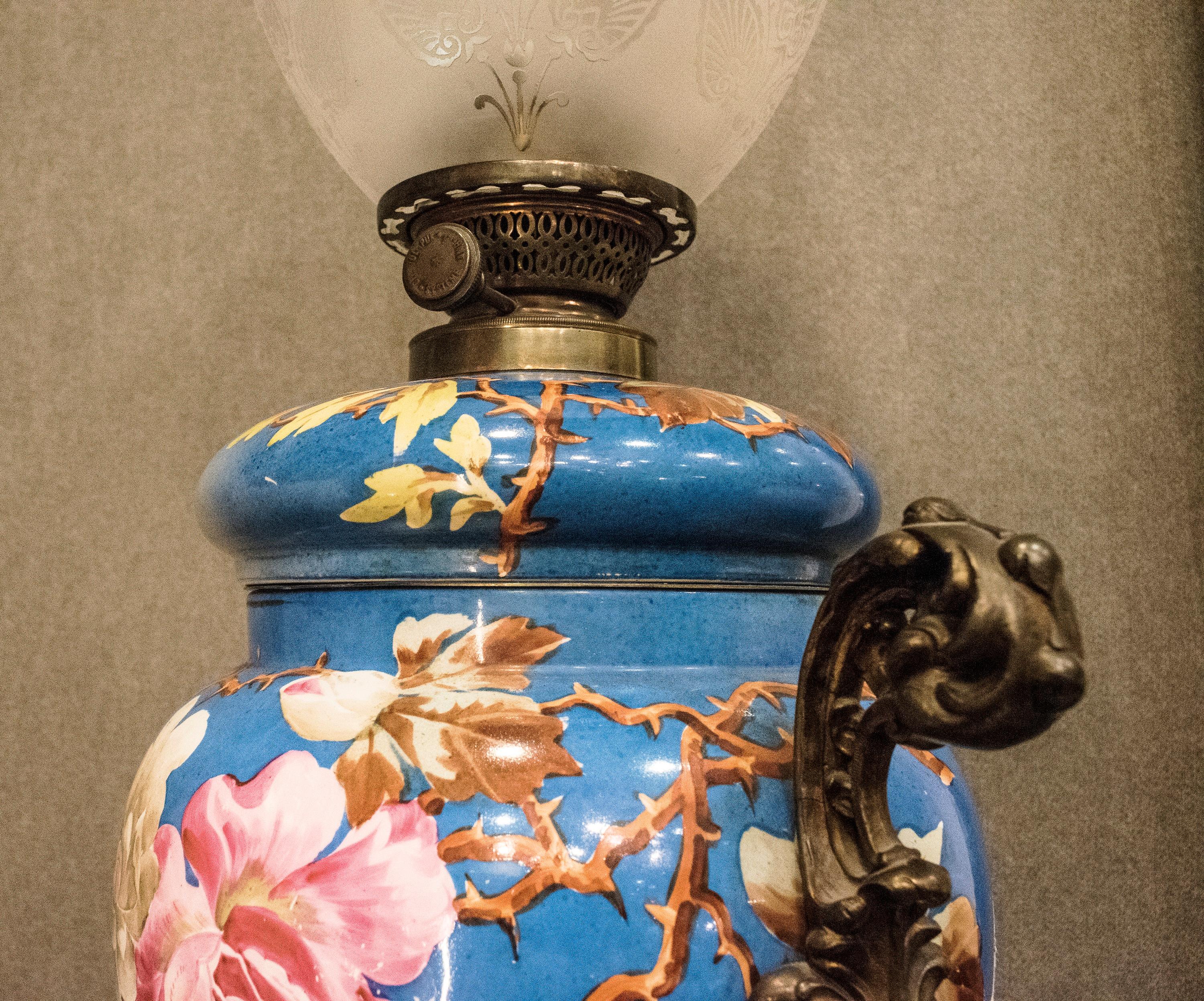 Napoleon III Gas lamp Turquoise and Pink Floral French Mayolique  