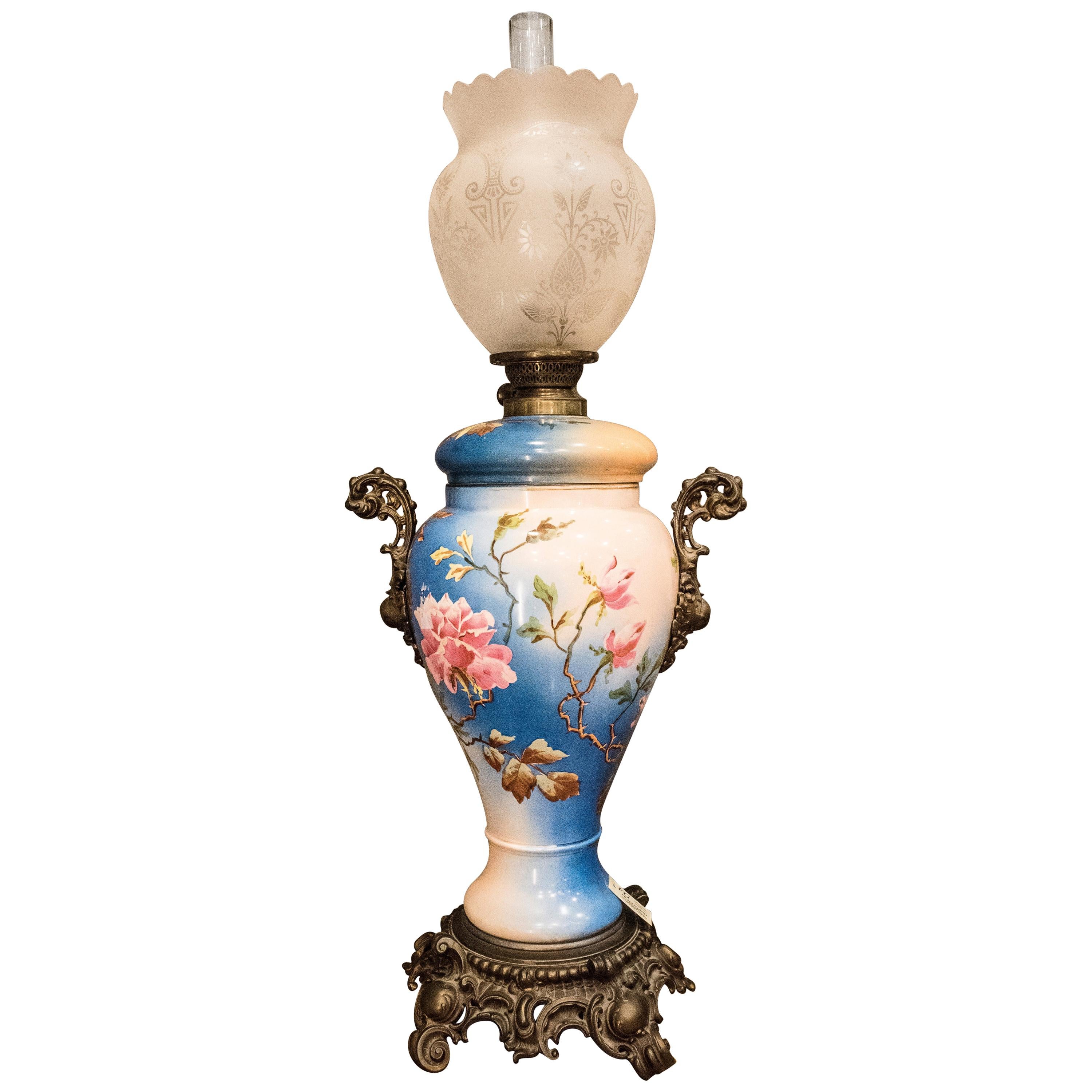 Napoleon III Gas lamp Turquoise and Pink Floral French Mayolique  "Quinque"