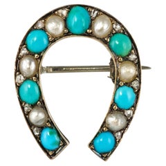 Napoleon III Turquoise Natural Pearl 18 Karat Yellow Gold Horseshoe Brooch