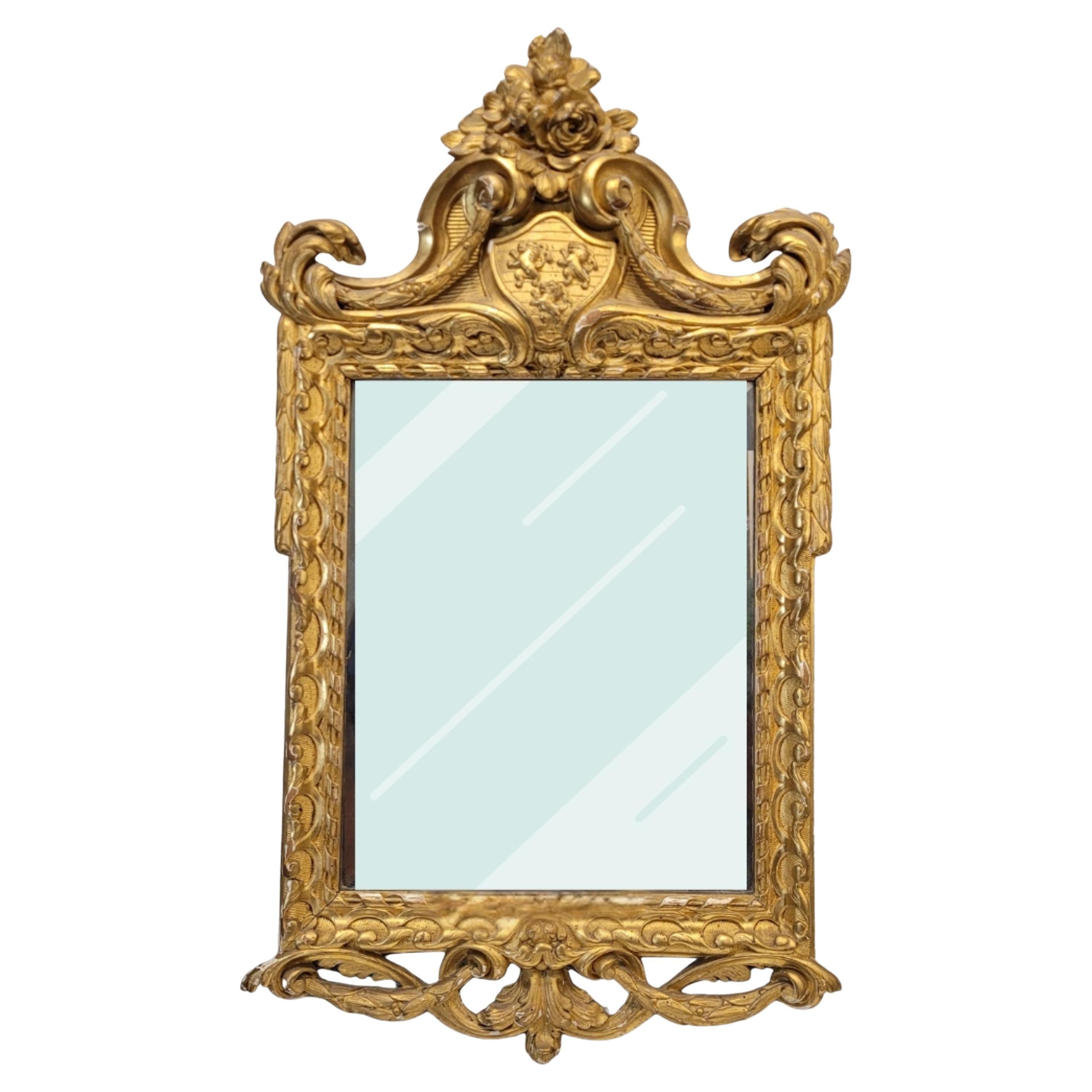 Napoleon III wall mirror with coat of arms, carved and gilded wood, France For Sale