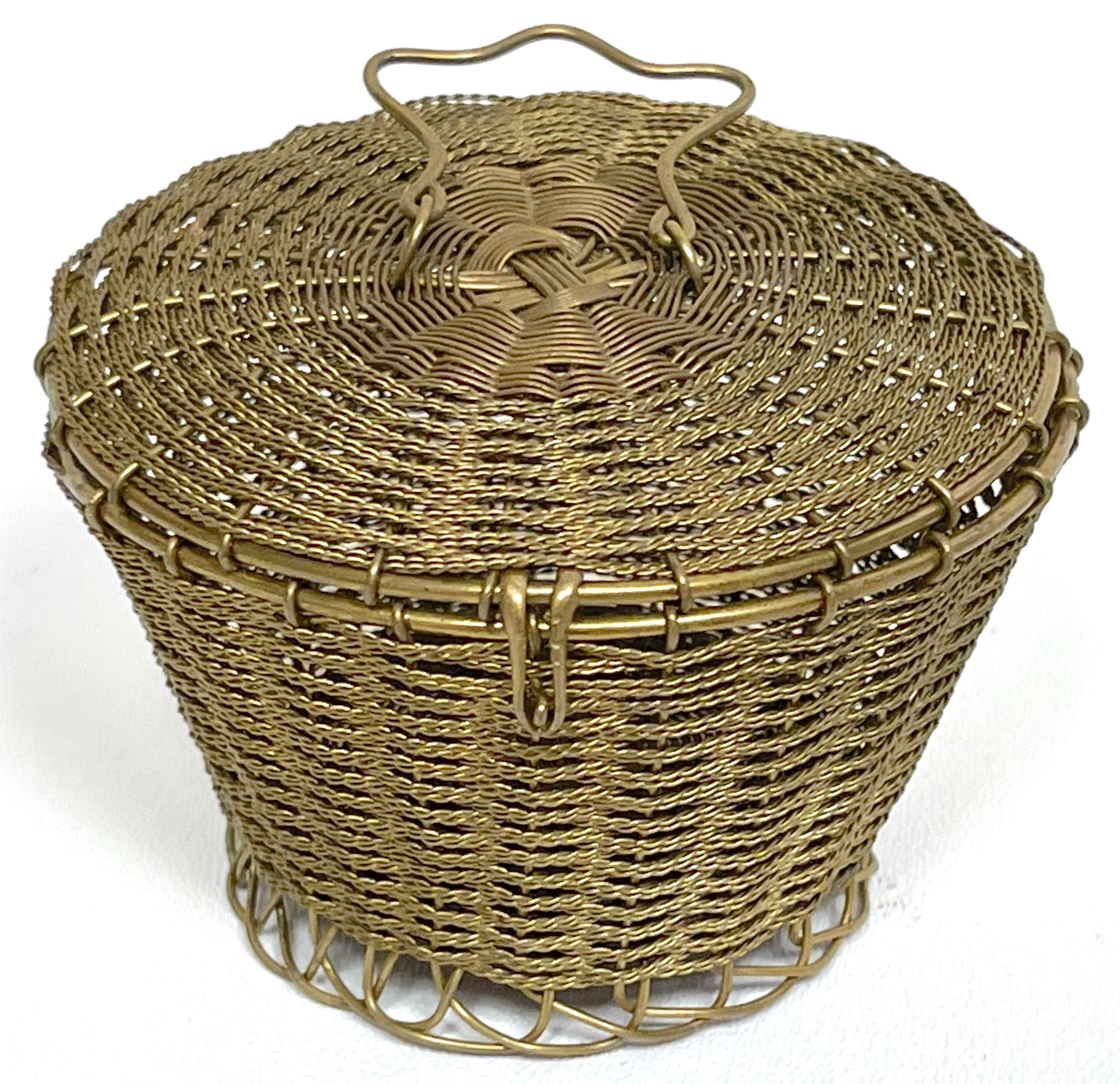 French Napoleon III Woven Gilt Bronze Handled Basket, Weave Table Box For Sale
