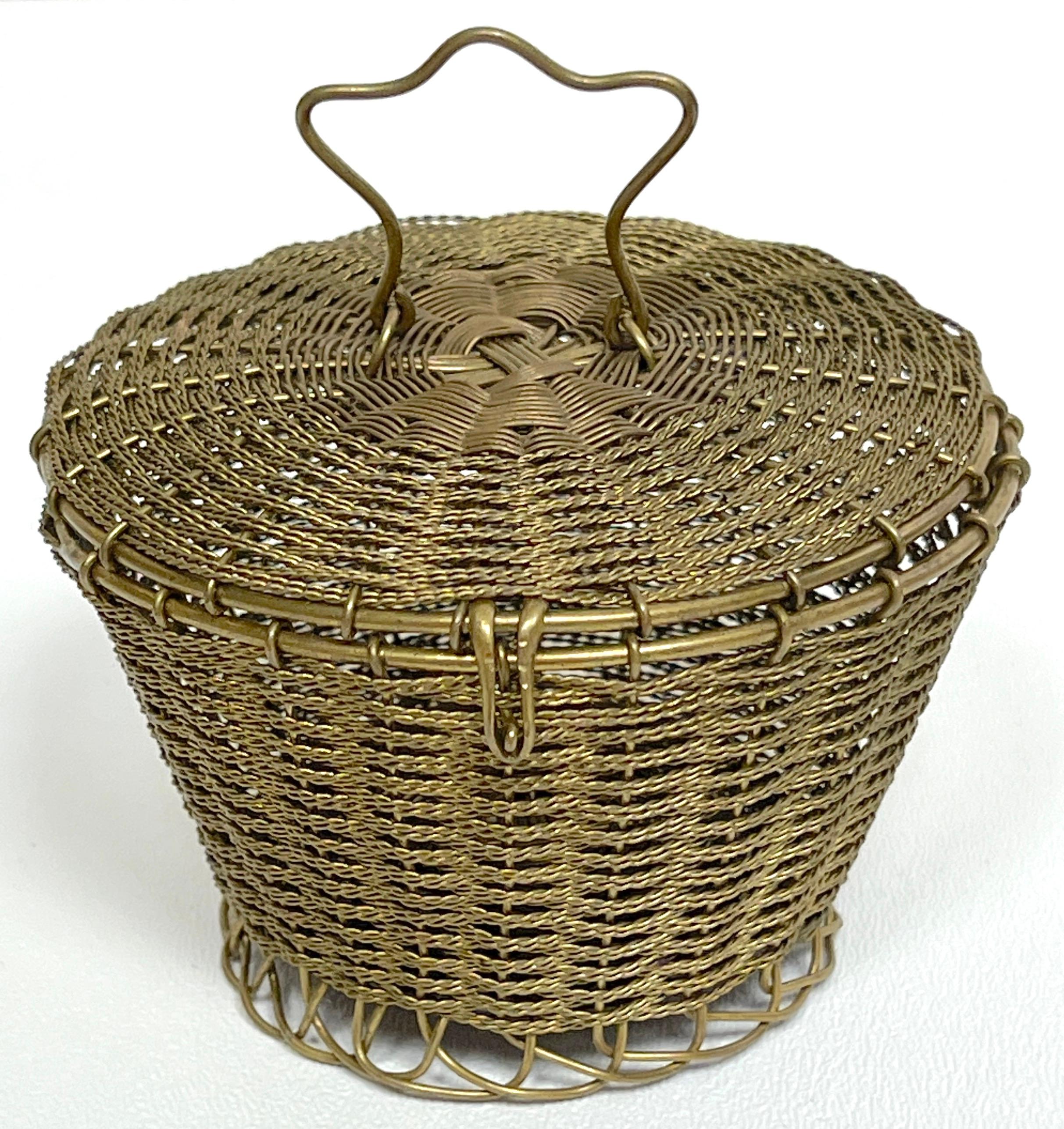 Napoleon III Woven Gilt Bronze Handled Basket, Weave Table Box In Good Condition For Sale In West Palm Beach, FL