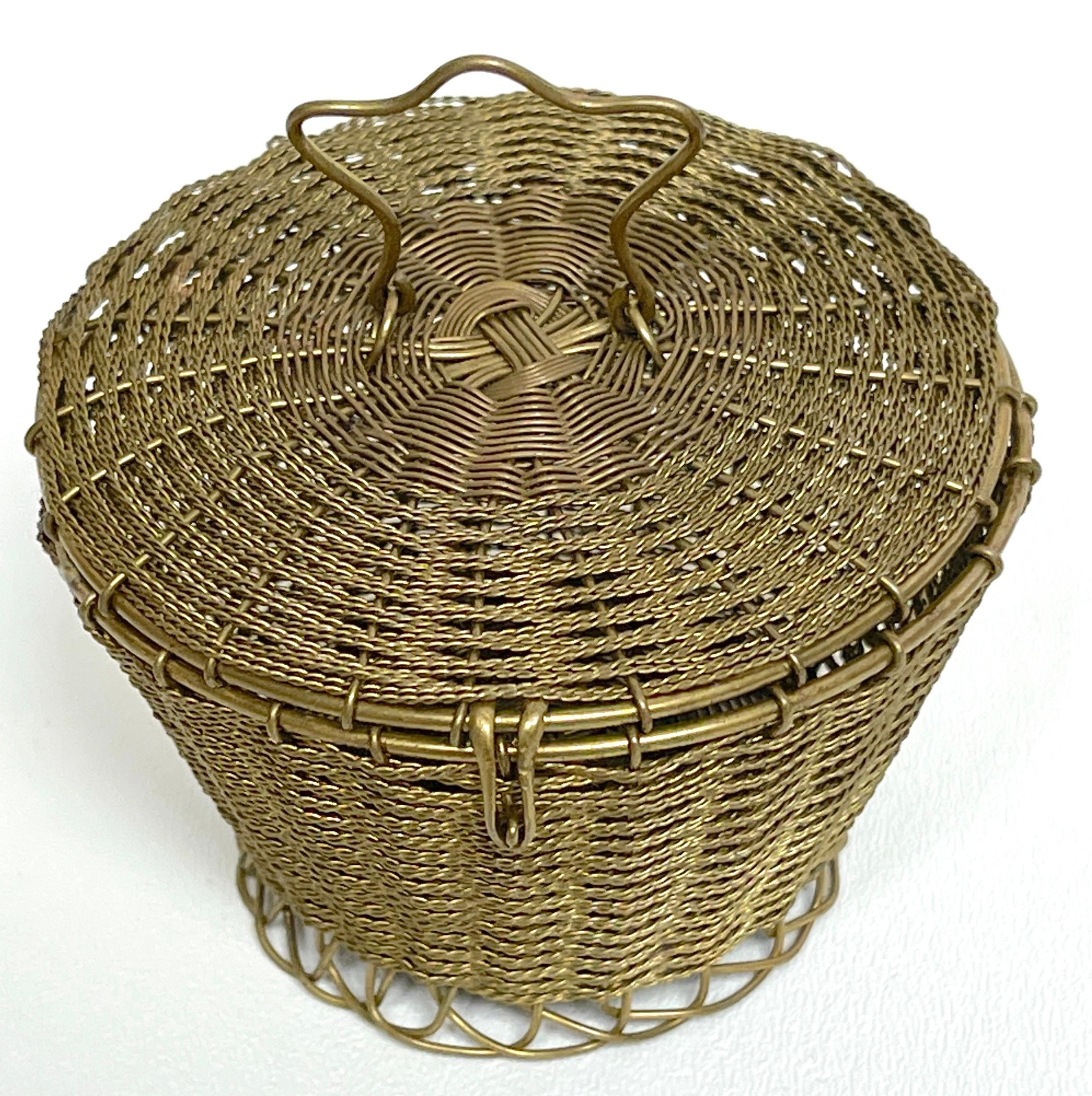 19th Century Napoleon III Woven Gilt Bronze Handled Basket, Weave Table Box For Sale