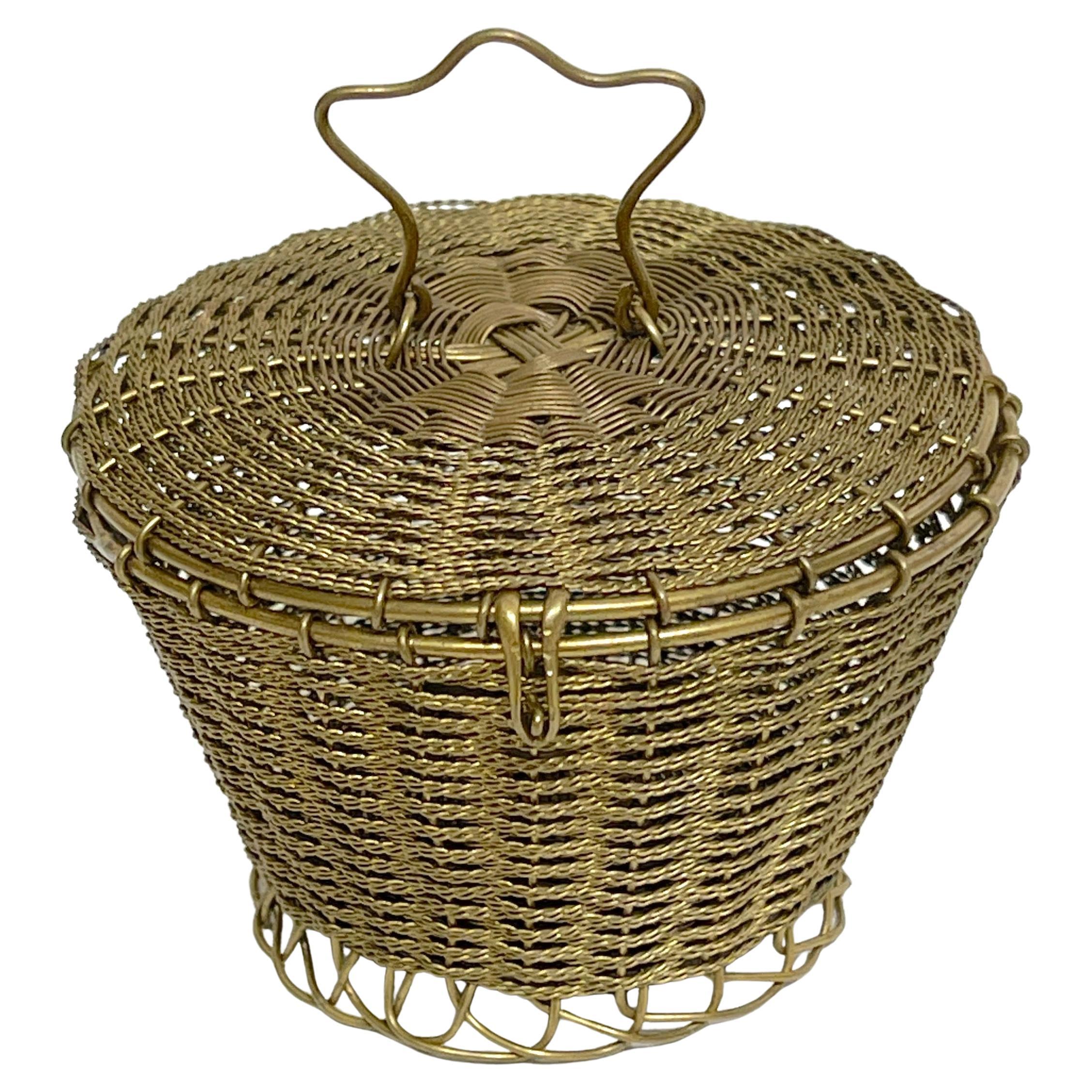 Napoleon III Woven Gilt Bronze Handled Basket, Weave Table Box For Sale