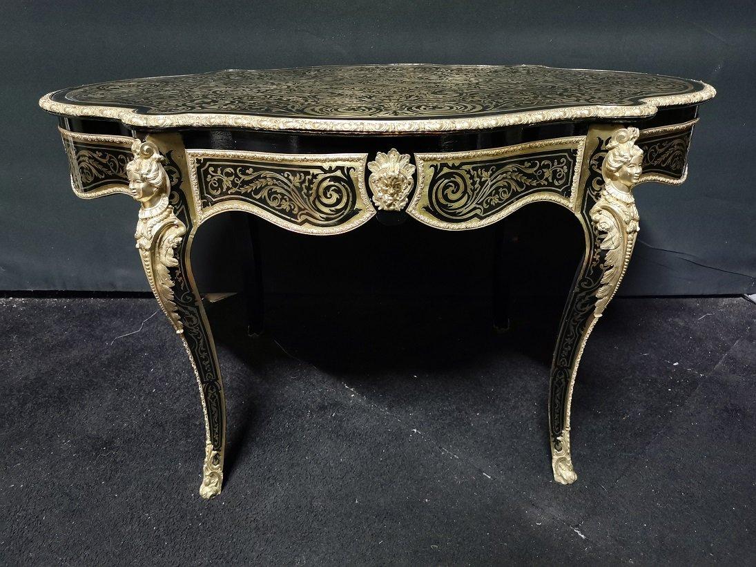 French Napoleon III Writing Desk Dining Table in Boulle Marquetry, France 19th Century
