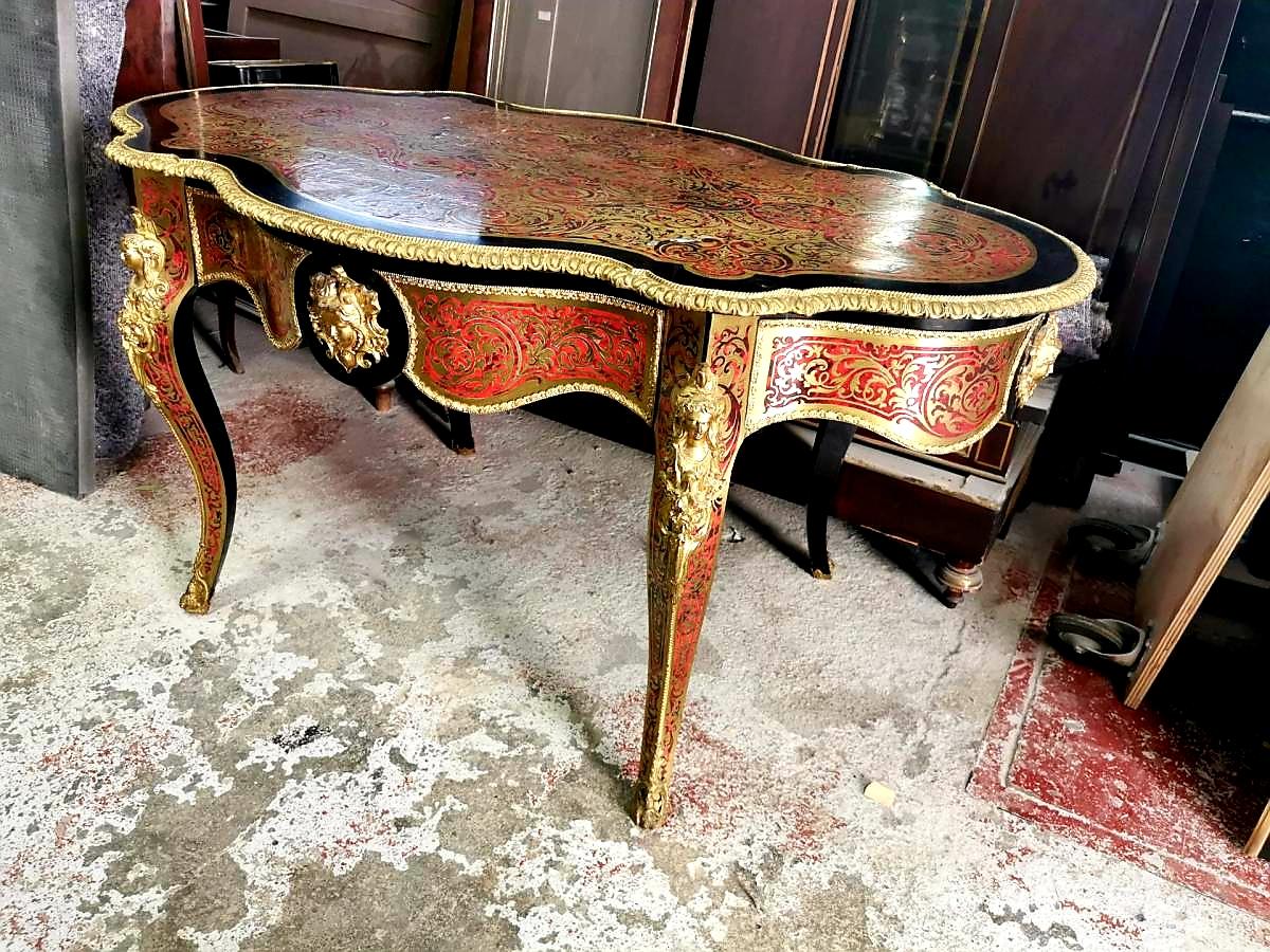 French Napoleon III Writing Desk Dining Table in Boulle Marquetry, France, 19th Century