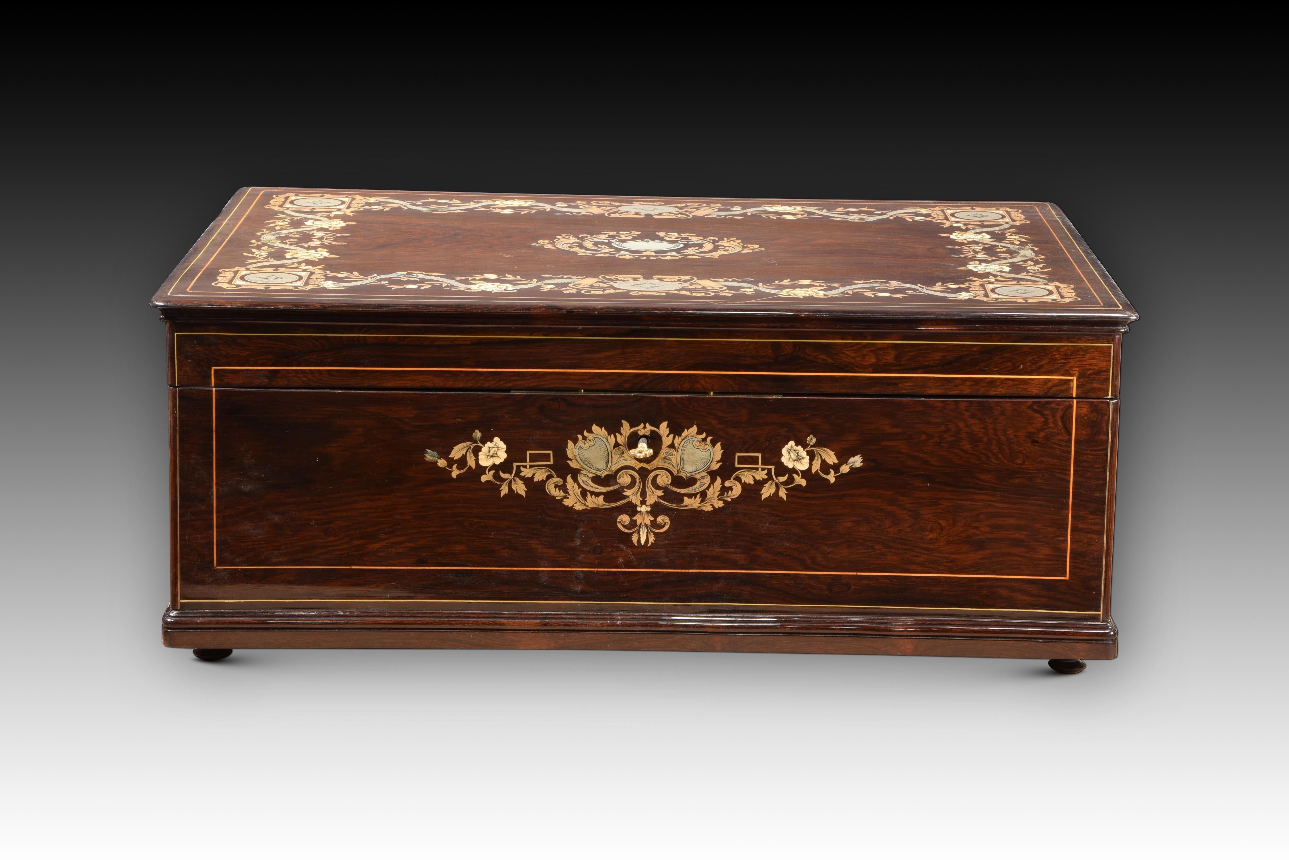 Napoleon III box. Marquetry. France, 19th century. 
Rectangular wooden box with a flat top and supported on circular legs that presents a front opening with a key lock and a hinged hinged top lid. Inside, there is a flat horizontal space with the