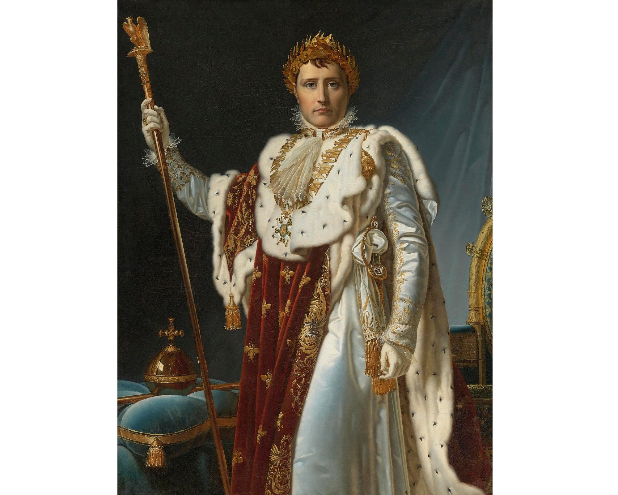 French Napoleon in Coronation Robes, after Neoclassical Oil Painting by Pascal Gérard For Sale