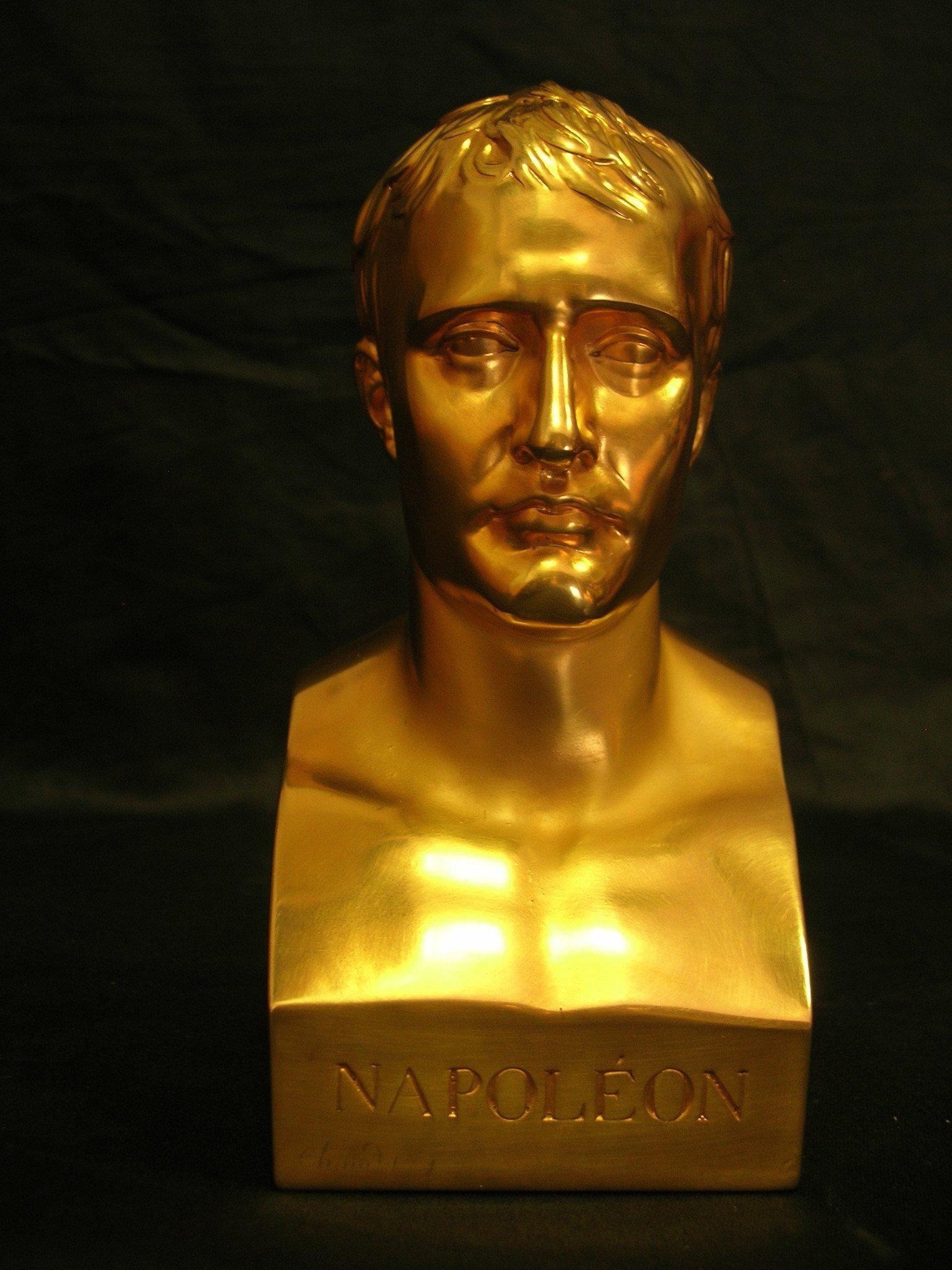 A unique Napoleon marble bust in antique gold, 20th century.
Napoleon, after Canova, circa 1804, gold-plated.
A gold-plated classical grand tour miniature, Canova's portrait of Napoleon Bonaparte, finished in antique gold.



    