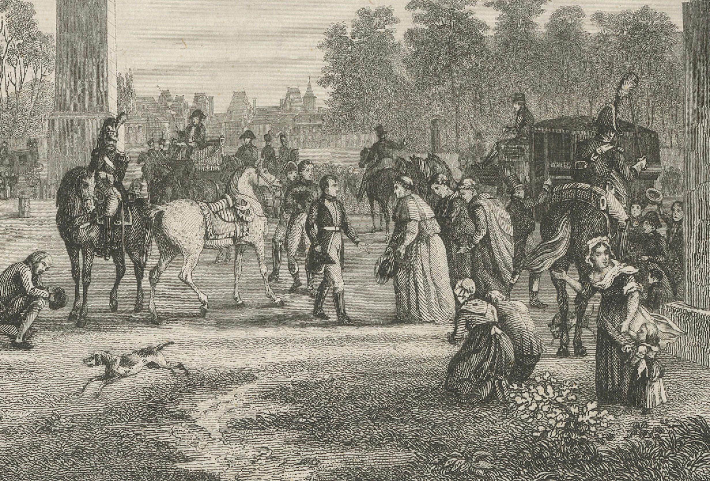 Napoleon lernt Papst Pius VII. im Wald von Fountainbleau kennen, 1804 (Frühes 19. Jahrhundert) im Angebot
