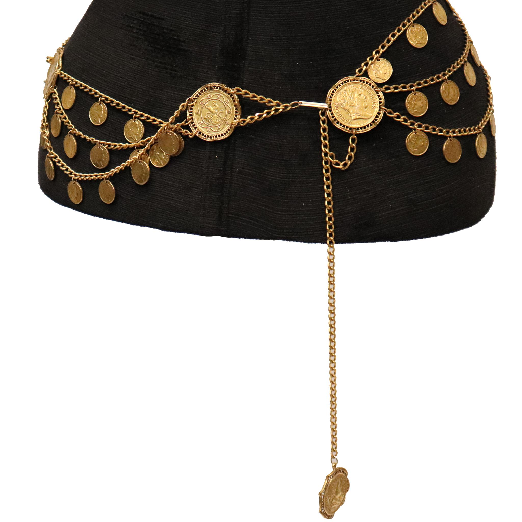 Women's Napoleon Motif High Polished BRASS Coin Chain Belt For Sale