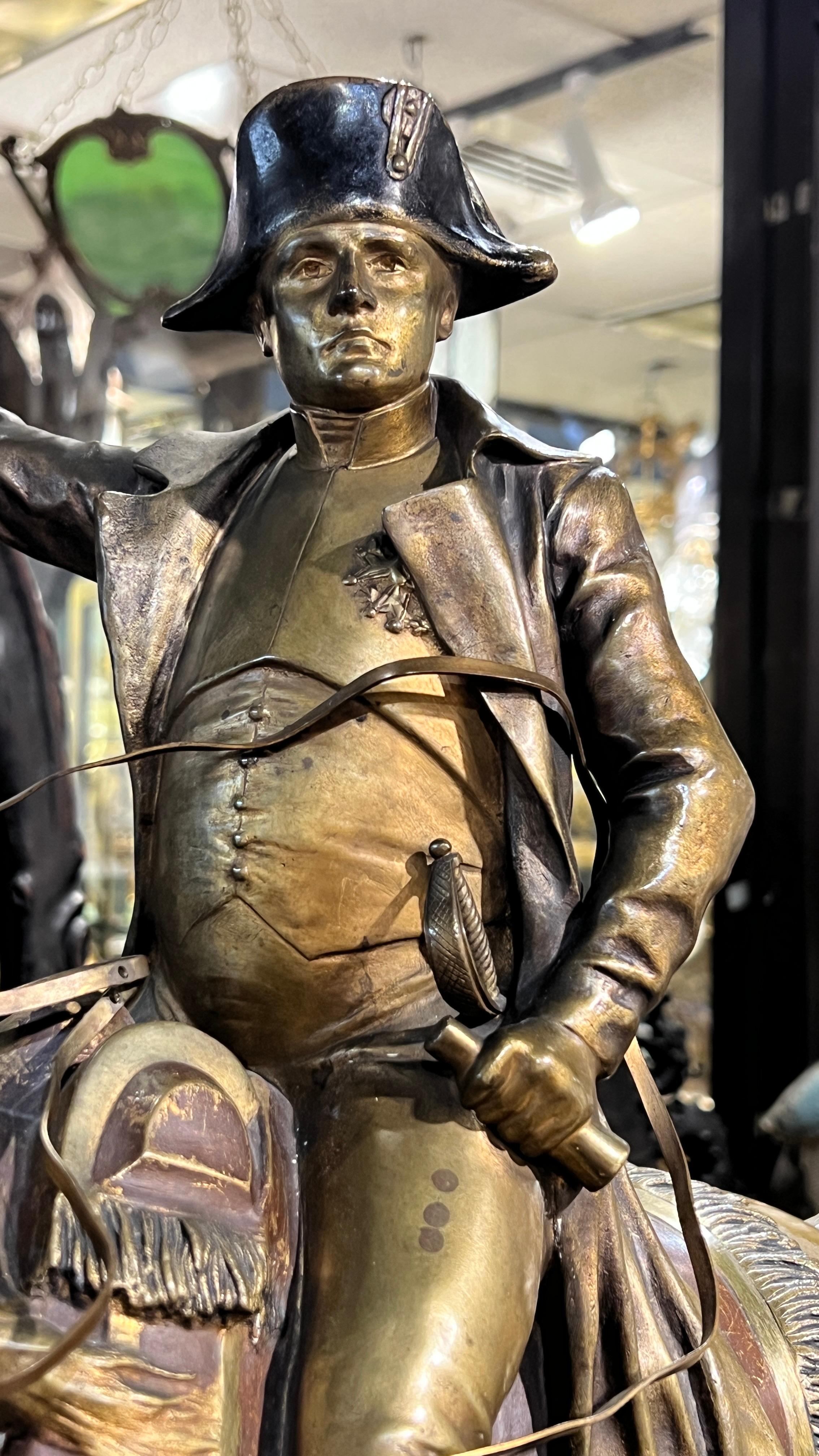 Patinated Napoleon on Horseback Bronze Sculpture on Pedestal After Henri Louis Levasseur For Sale
