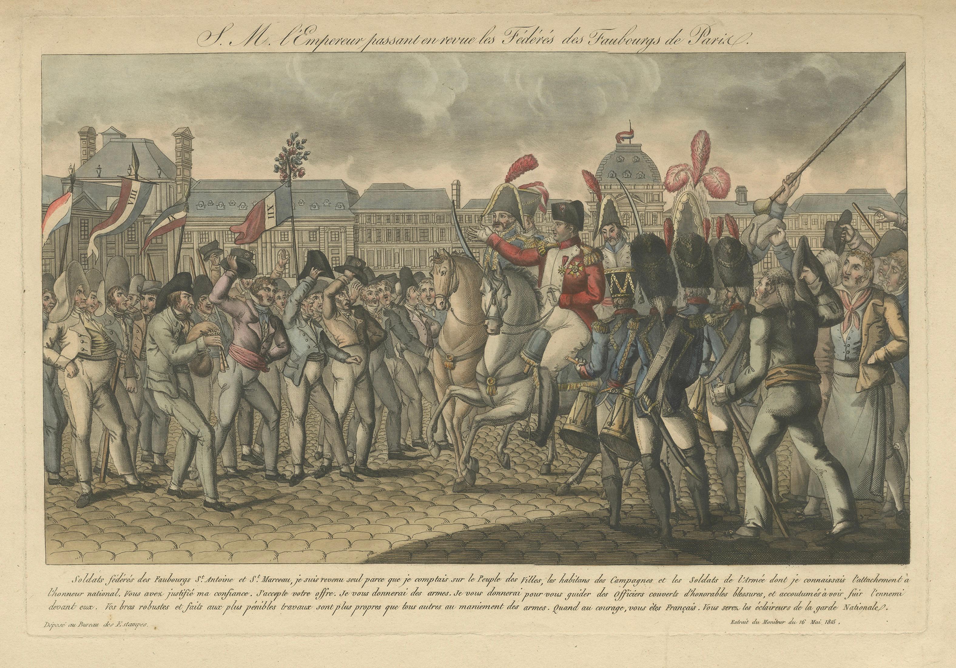 Napoleon Reviewing the Fédérés, Paris Tuileries Scene, French Engraving, 1815