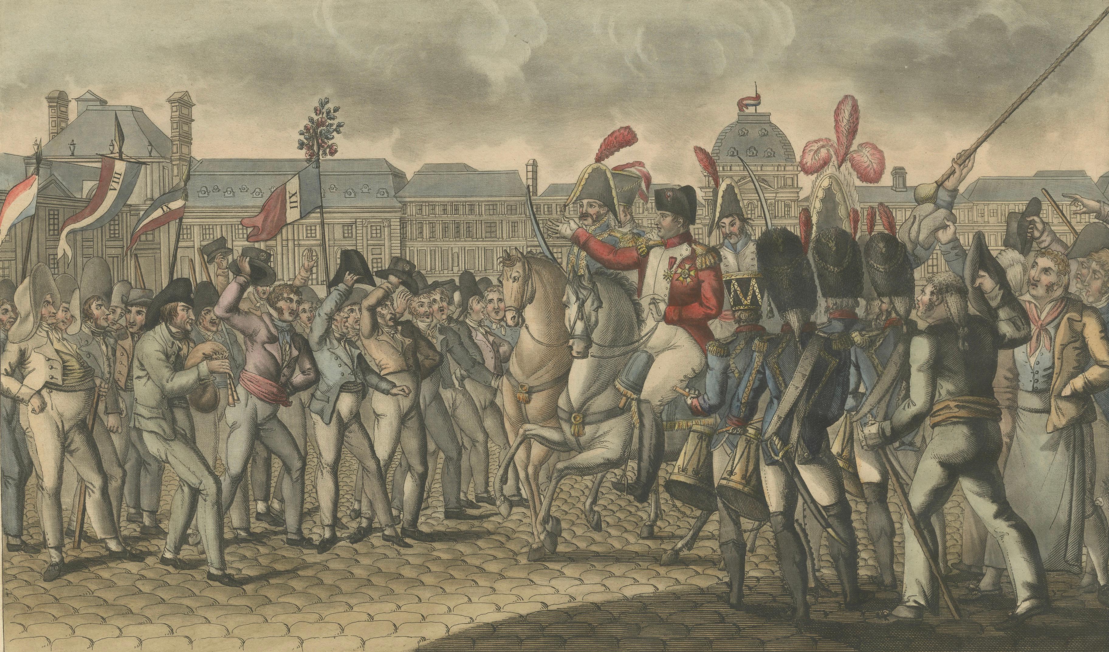 Napoleon Reviewing the Fédérés, Paris Tuileries Scene, French Engraving, 1815