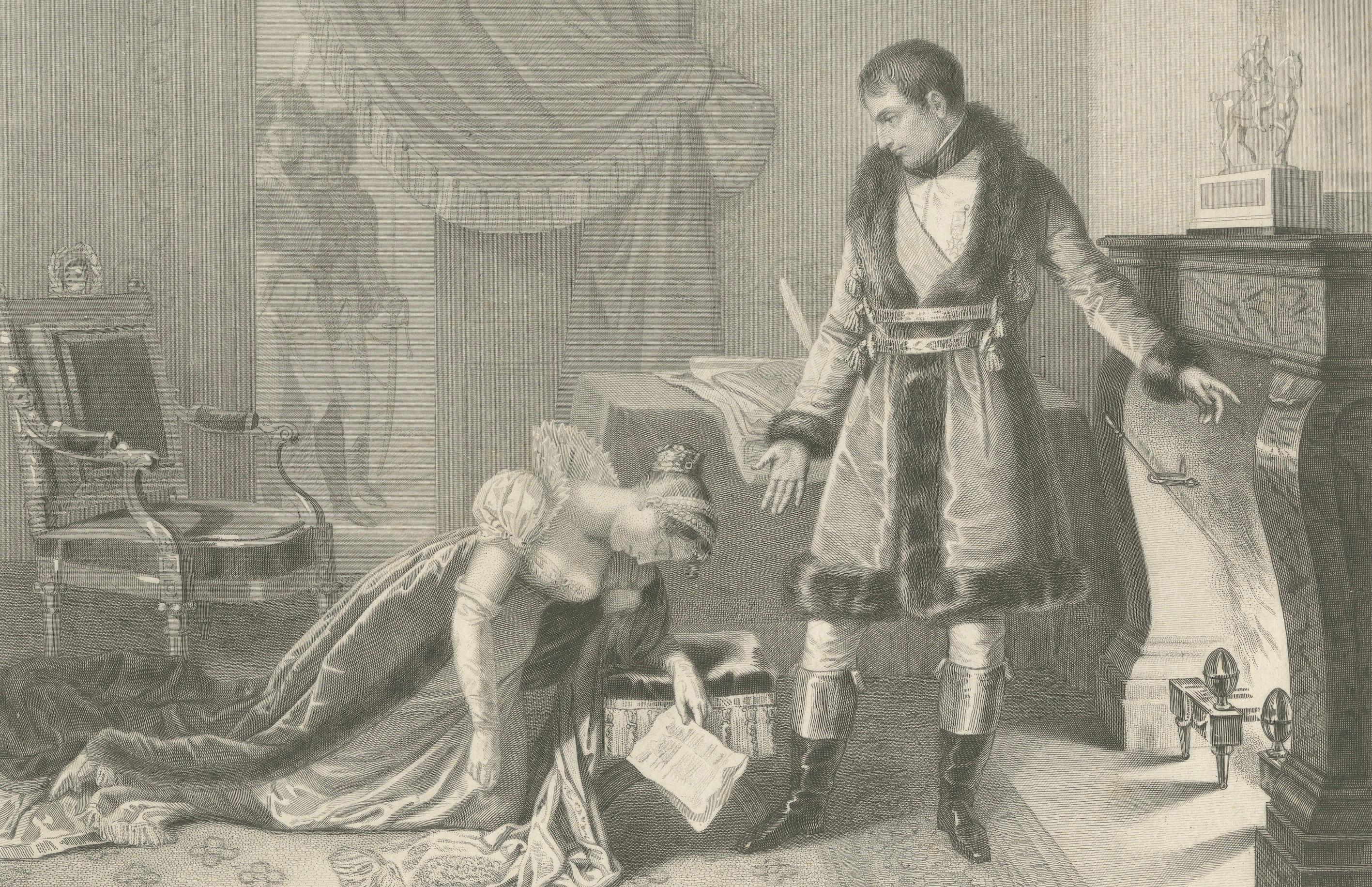 Paper Napoleon Shows Mercy to Princess Hatzfeld, 1806 - Emotional Historical Engraving For Sale