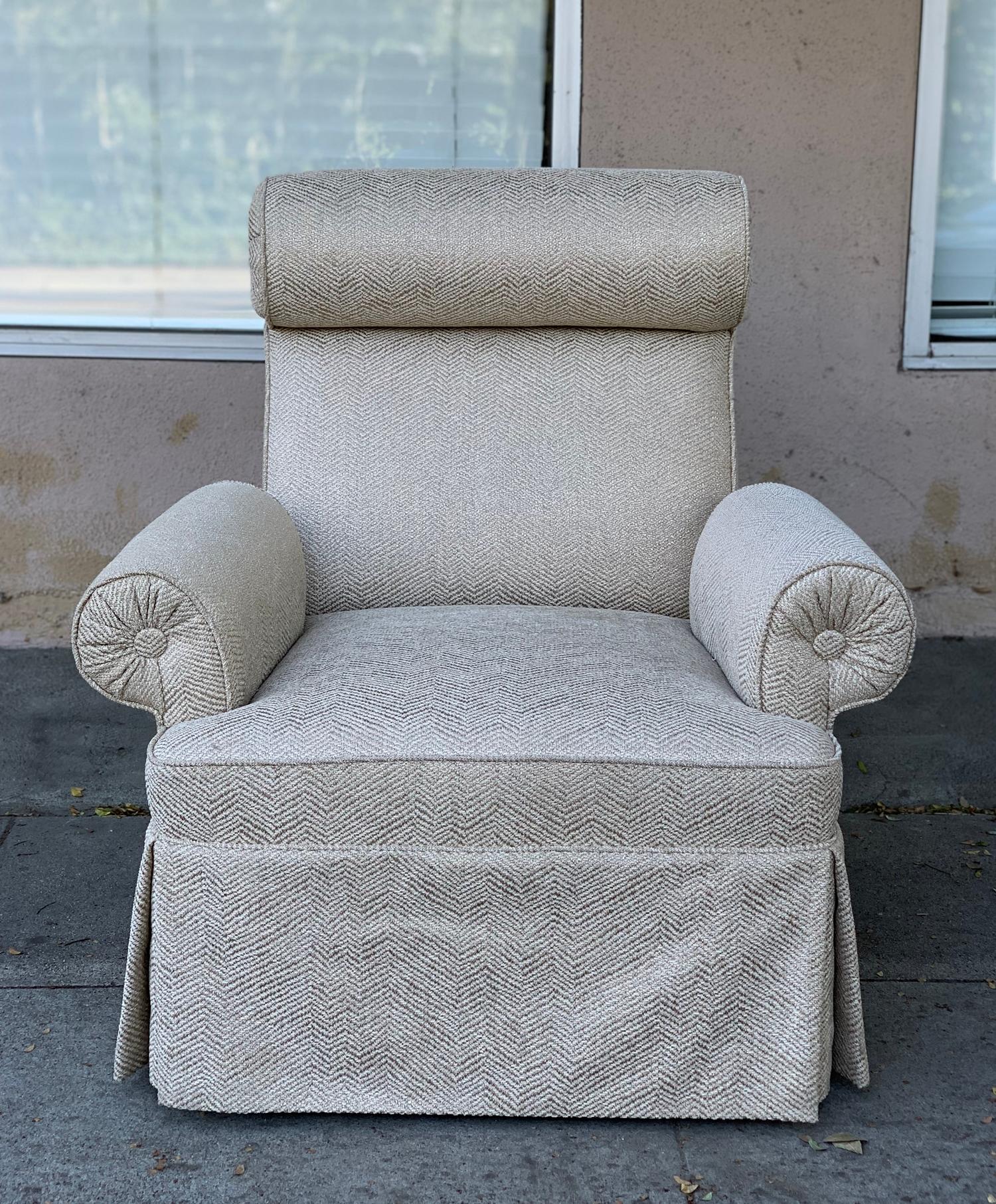 Napoleon armchair with rolled arms and backrest upholstered in a beautiful cream color cotton fabric.
37” high x 35.5” wide (outside armrests) x 35” deep x 16” seat height x 22” seat depth x 20.5” seat width x 25.5” arm height from floor x 7” arm
