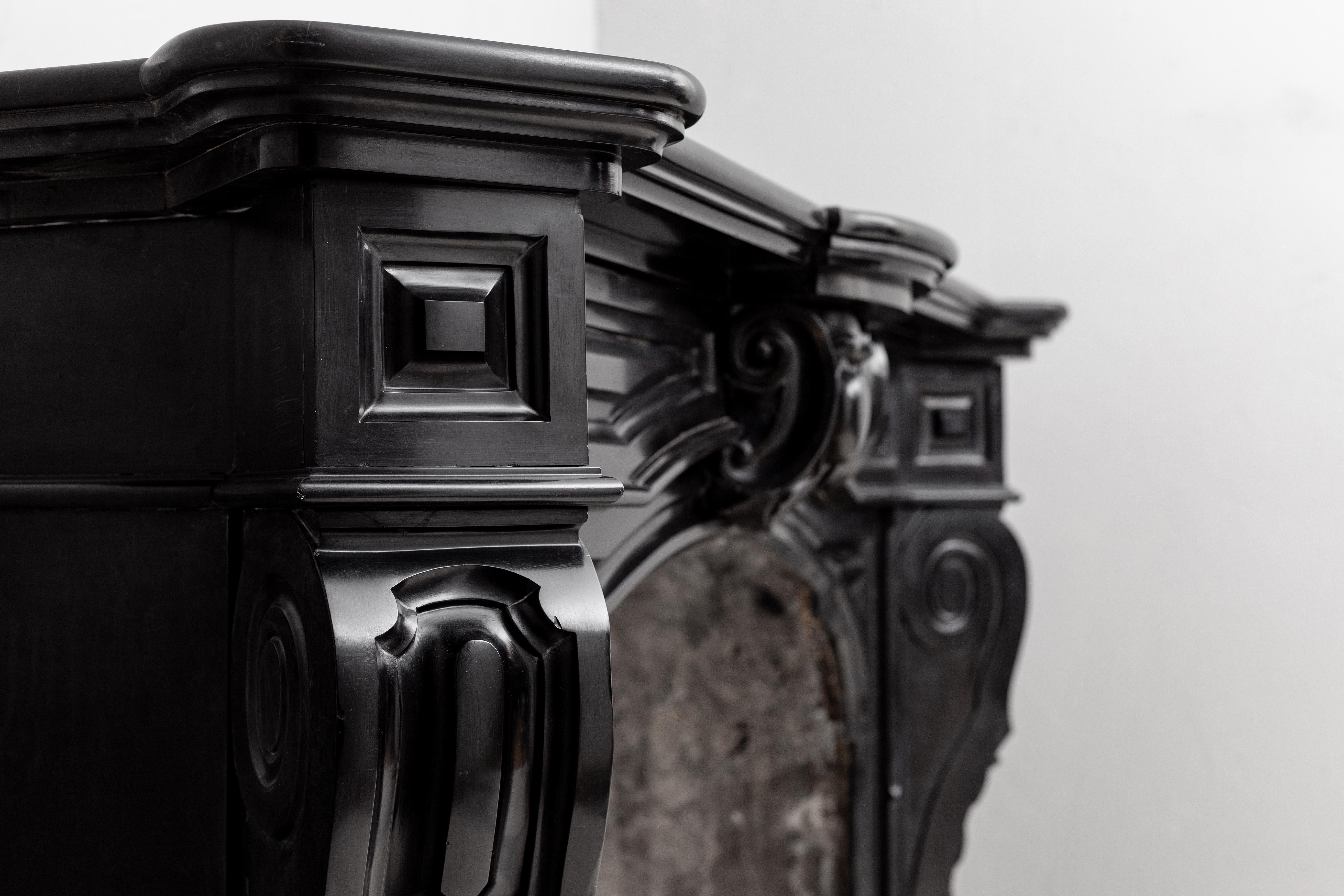 Belgian Napoleon Style Black Noir De Mazy Marble Black Antique Fireplace For Sale