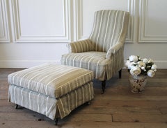 Napoleon Style Chair and Ottoman with Linen Stripe Slip Cover