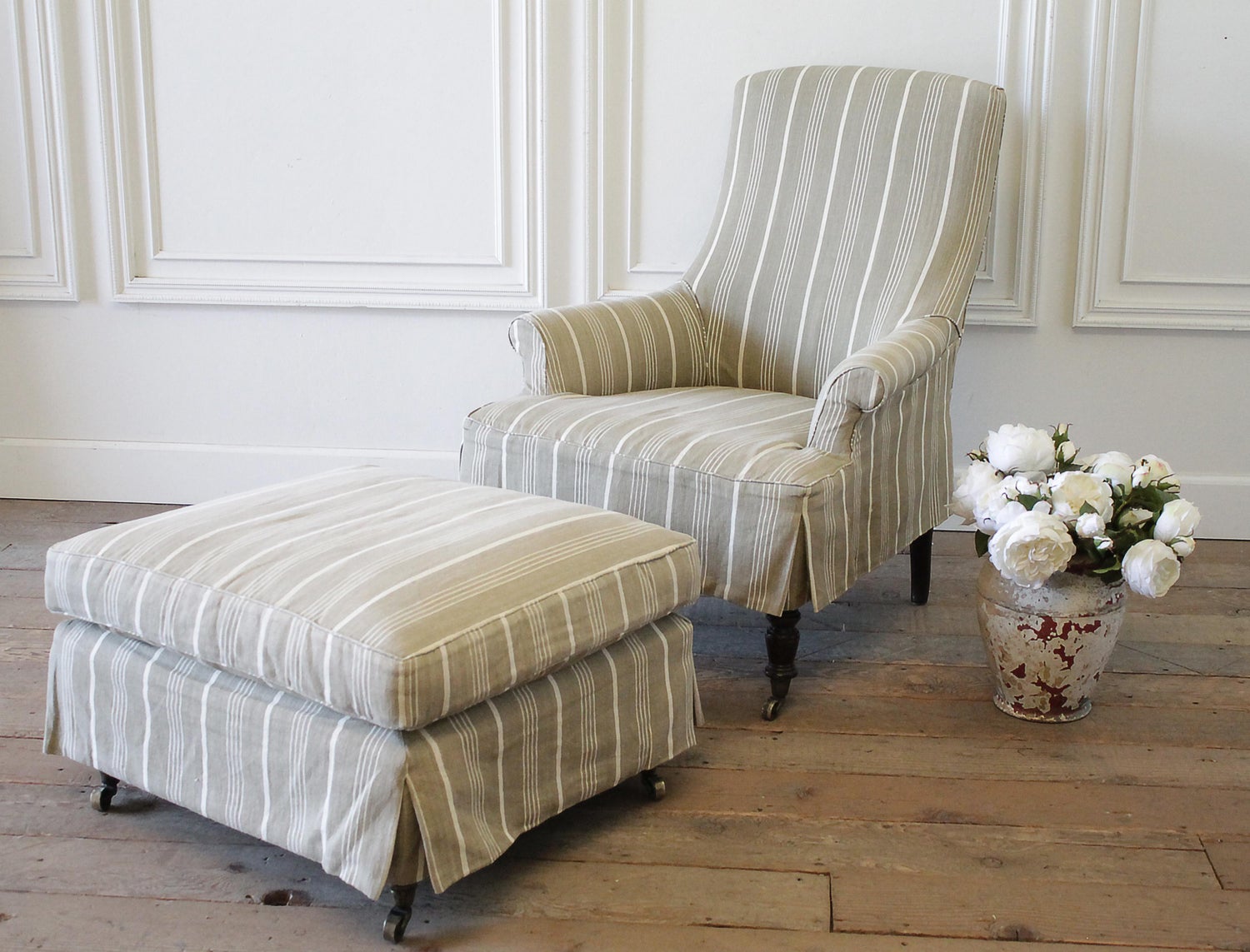 Napoleon Style Chair And Ottoman With Linen Stripe Slip Cover At