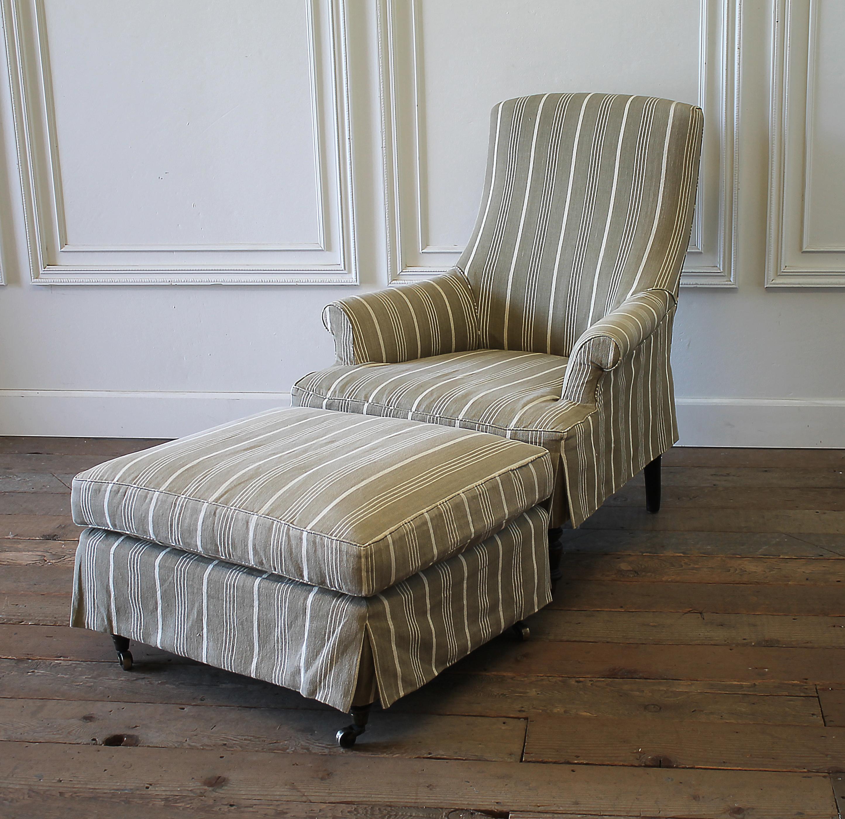 American Napoleon Style Chair and Ottoman with Linen Stripe Slip Cover