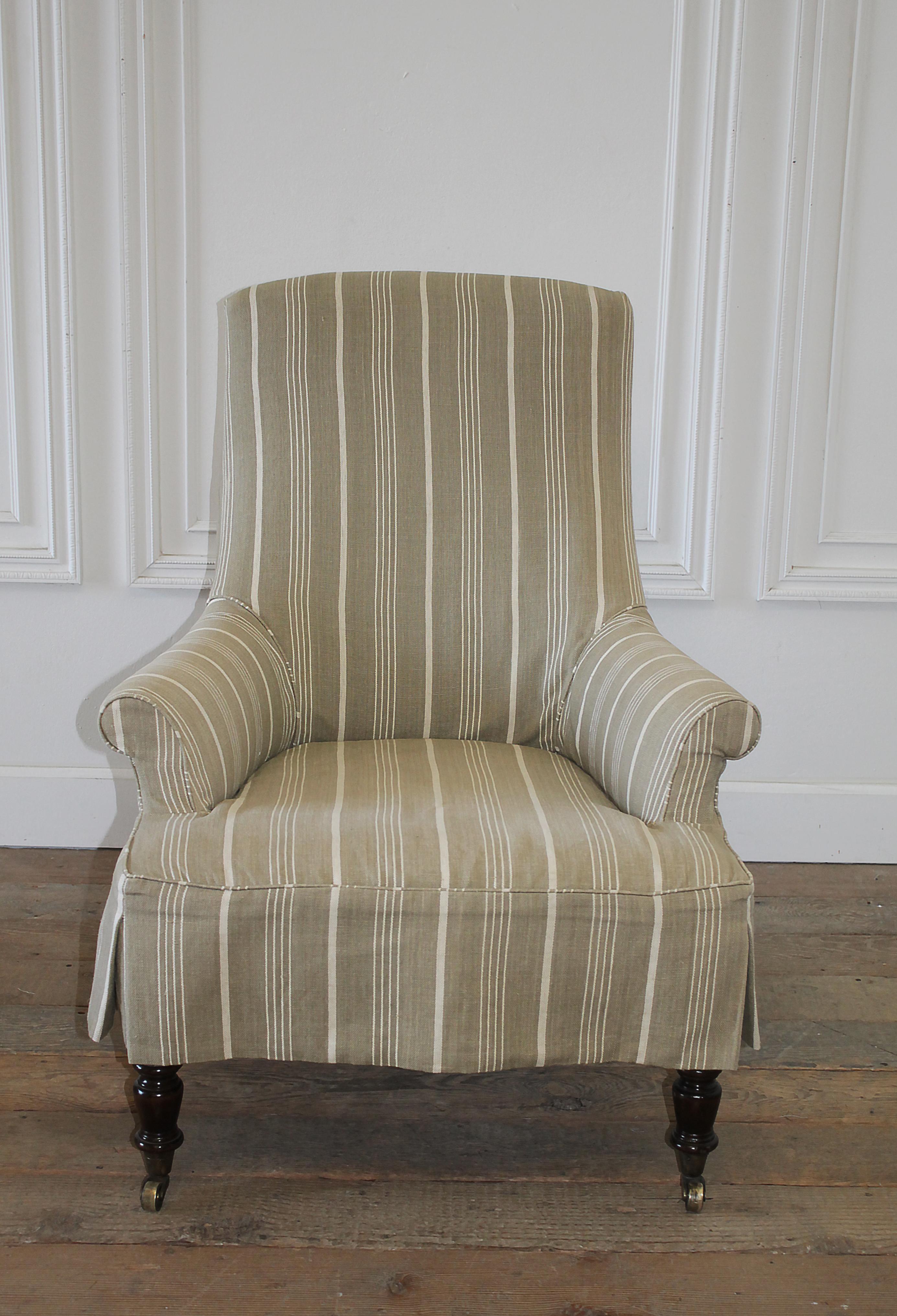 Napoleon Style Chair and Ottoman with Linen Stripe Slip Cover In Good Condition In Brea, CA