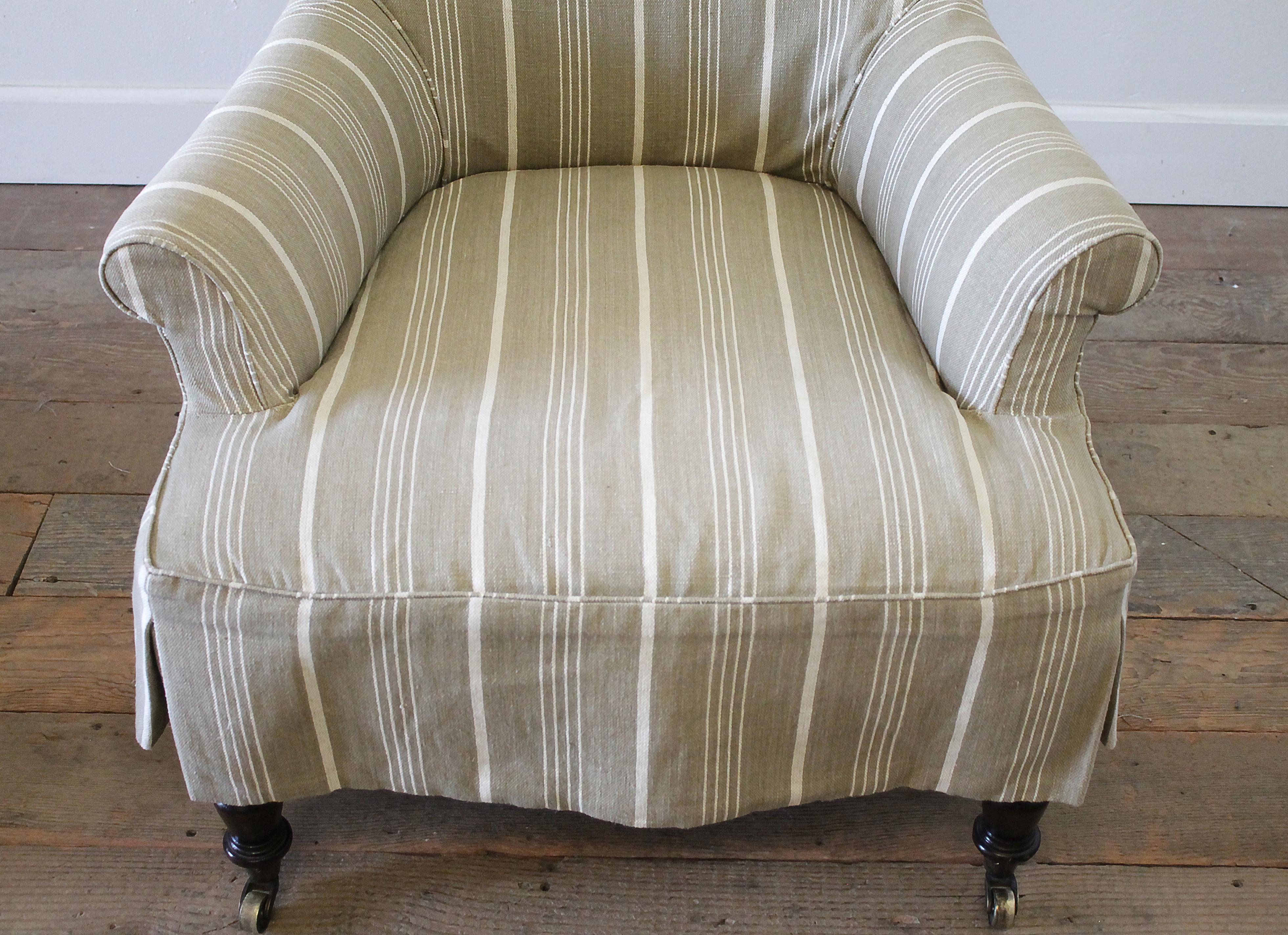 Contemporary Napoleon Style Chair and Ottoman with Linen Stripe Slip Cover