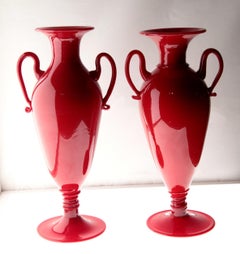 Napoleone Martinuzzi for Pauly, Two Coral Red Murano Glass Footed Vase, 1960s