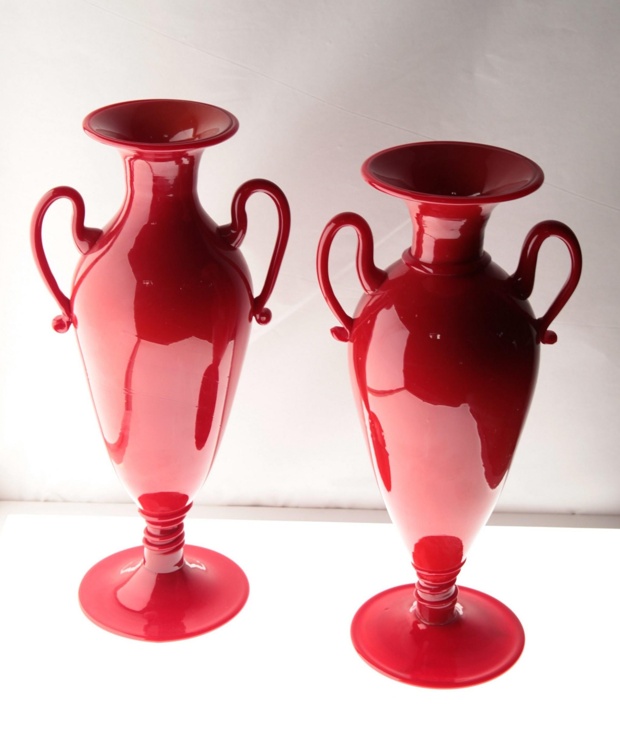 Mid-Century Modern Napoleone Martinuzzi for Pauly, Two Coral Red Murano Glass Footed Vase, 1960s