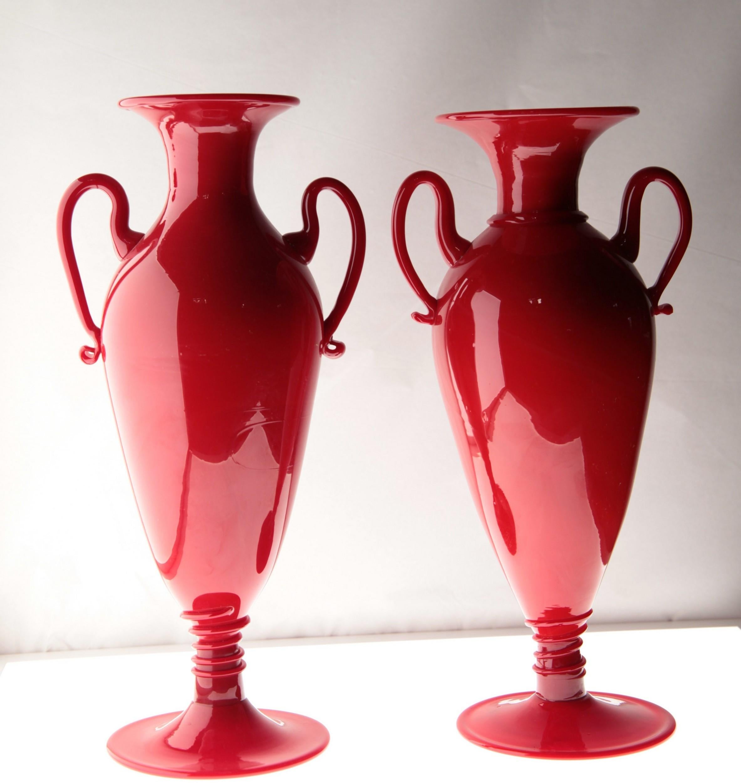 Art Glass Napoleone Martinuzzi for Pauly, Two Coral Red Murano Glass Footed Vase, 1960s