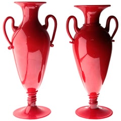 Napoleone Martinuzzi for Pauly, Two Coral Red Murano Glass Footed Vase, 1960s