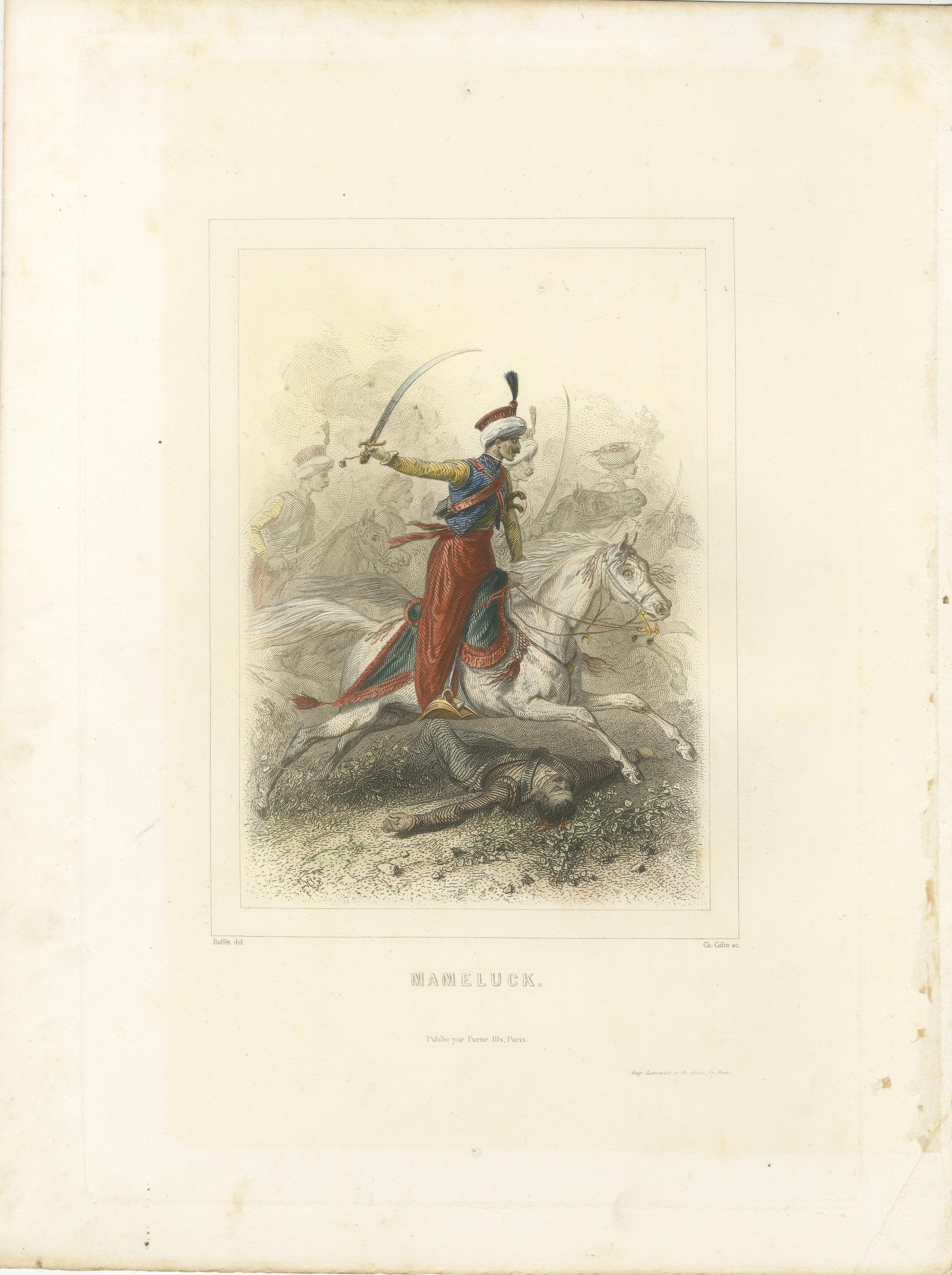 Napoleonic Battle Cavalry – Mameluke, Chasseur, and Empress Dragoon, 1859

This compelling set of three hand-colored lithographs captures elite cavalry units of Napoleon’s Imperial Guard in the midst of dramatic battlefield scenes. These prints were