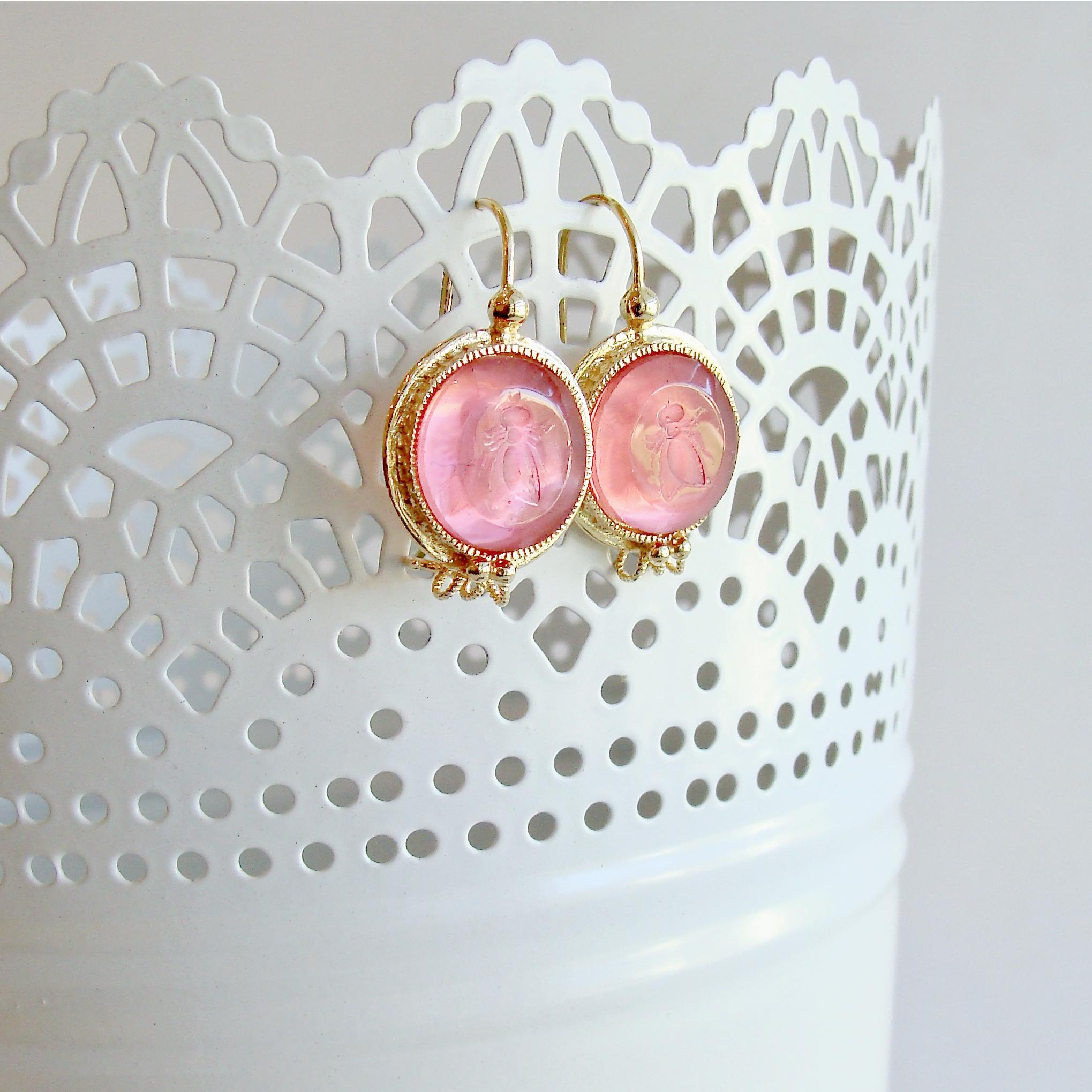 Dainty and  gorgeous salmon pink Venetian glass intaglios of Napoleonic bees are the focal point of these charming earrings.  This classic work of art has been backed with mother-of-pearl and is set in timeless neoclassical gold vermeil mounting. 