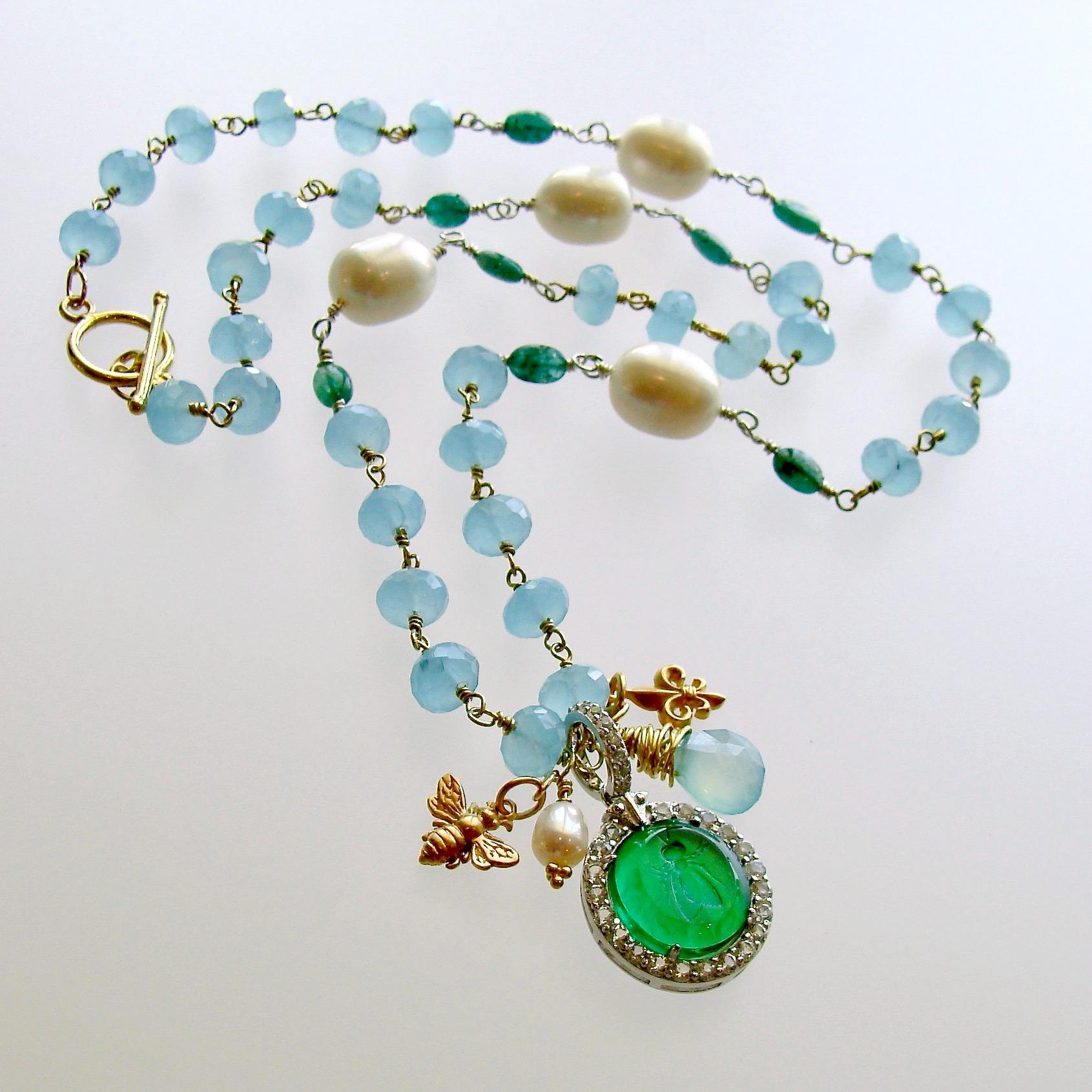 Neoclassical Napoleonic Bee Venetian Glass Intaglio Aqua Chalcedony Emerald Pearl Necklace