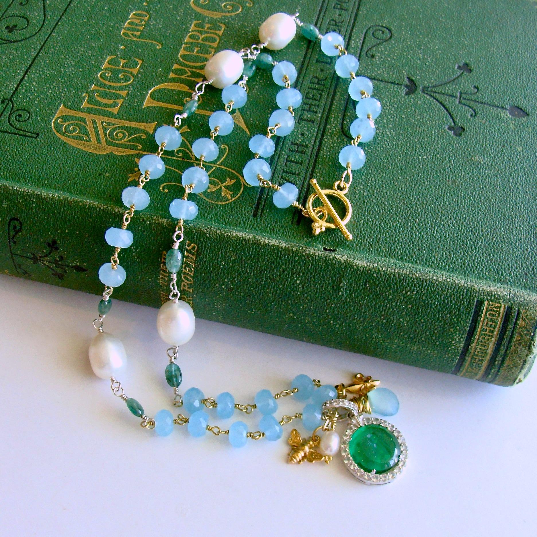 Oval Cut Napoleonic Bee Venetian Glass Intaglio Aqua Chalcedony Emerald Pearl Necklace