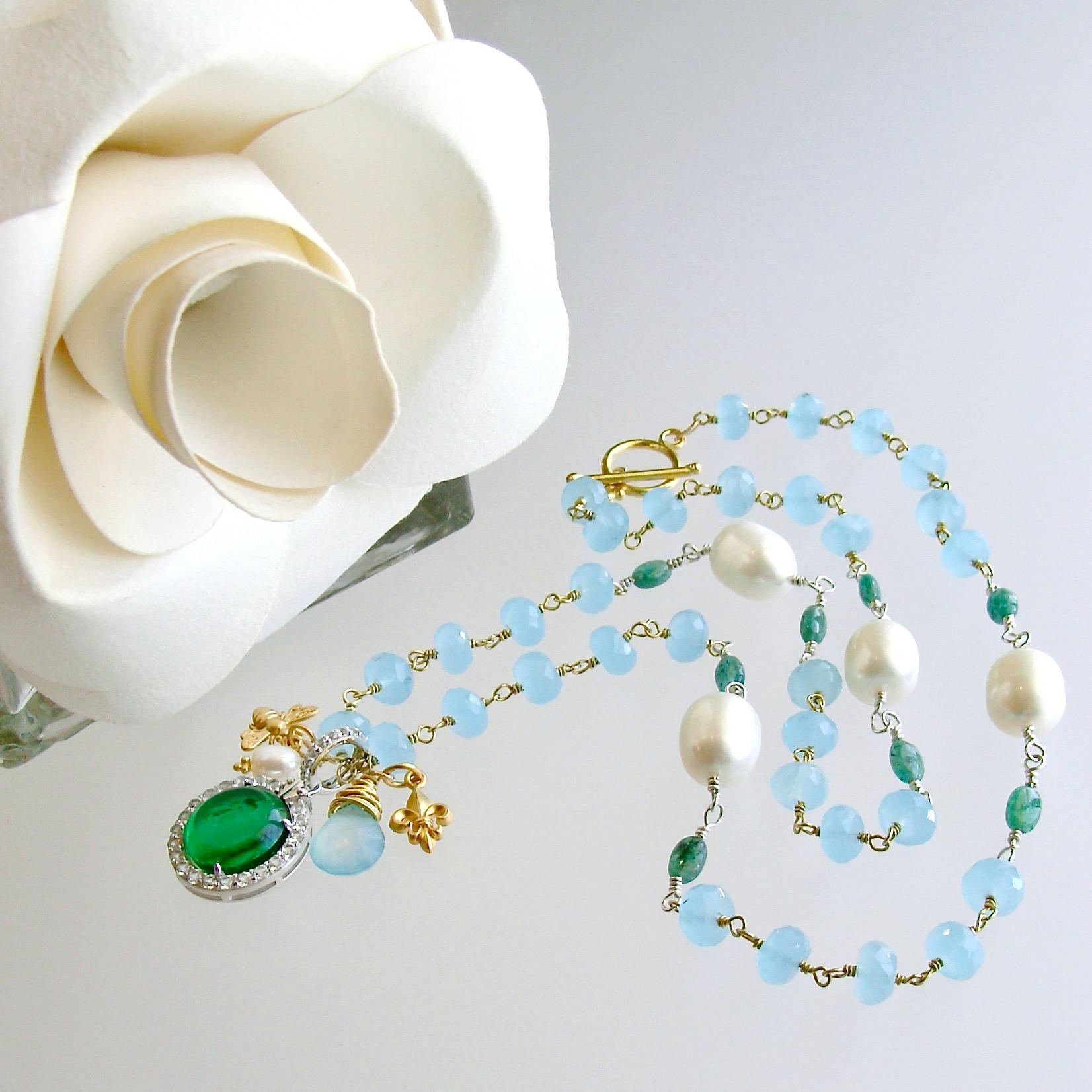Napoleonic Bee Venetian Glass Intaglio Aqua Chalcedony Emerald Pearl Necklace In New Condition In Colleyville, TX