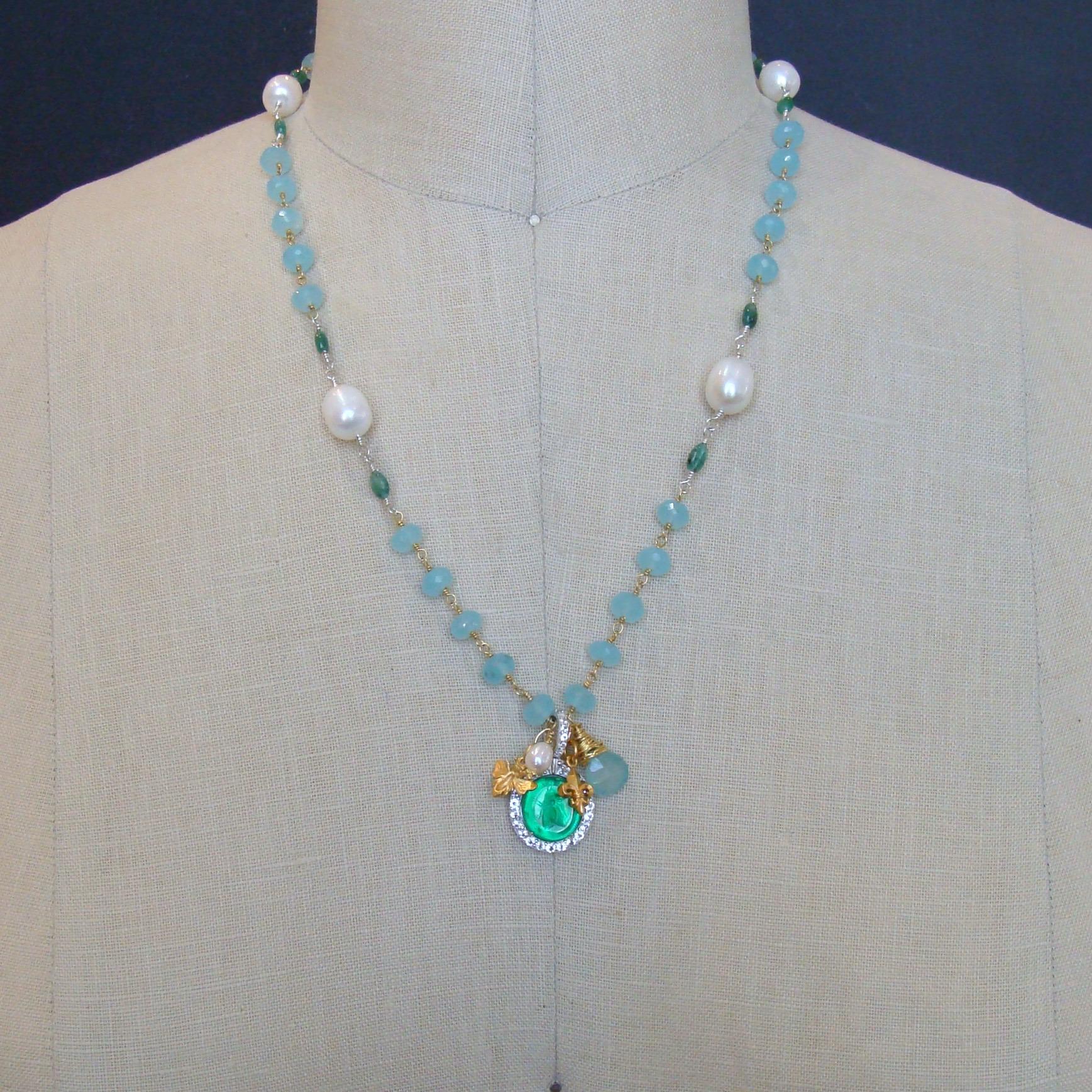 Napoleonic Bee Venetian Glass Intaglio Aqua Chalcedony Emerald Pearl Necklace 1