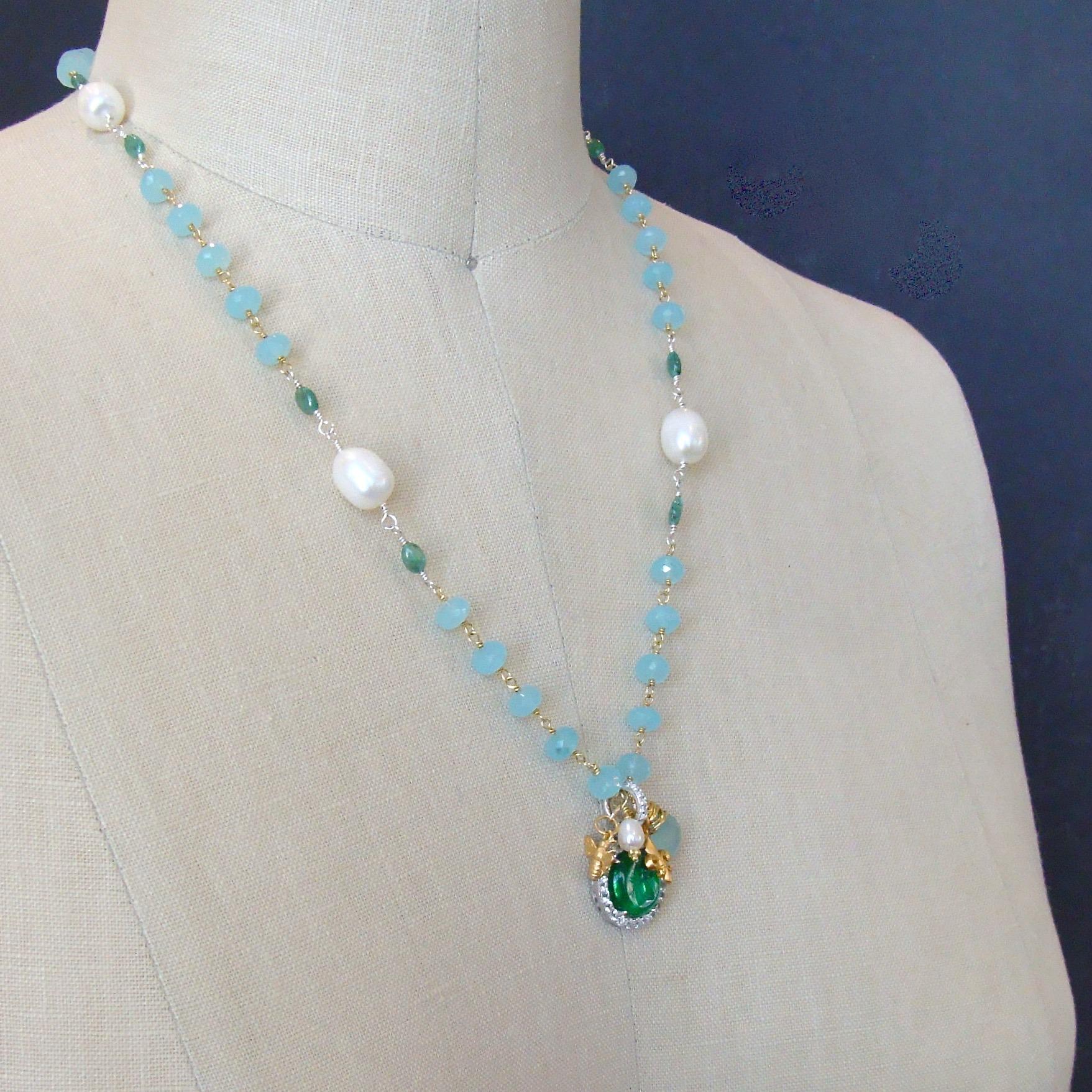 Napoleonic Bee Venetian Glass Intaglio Aqua Chalcedony Emerald Pearl Necklace 2