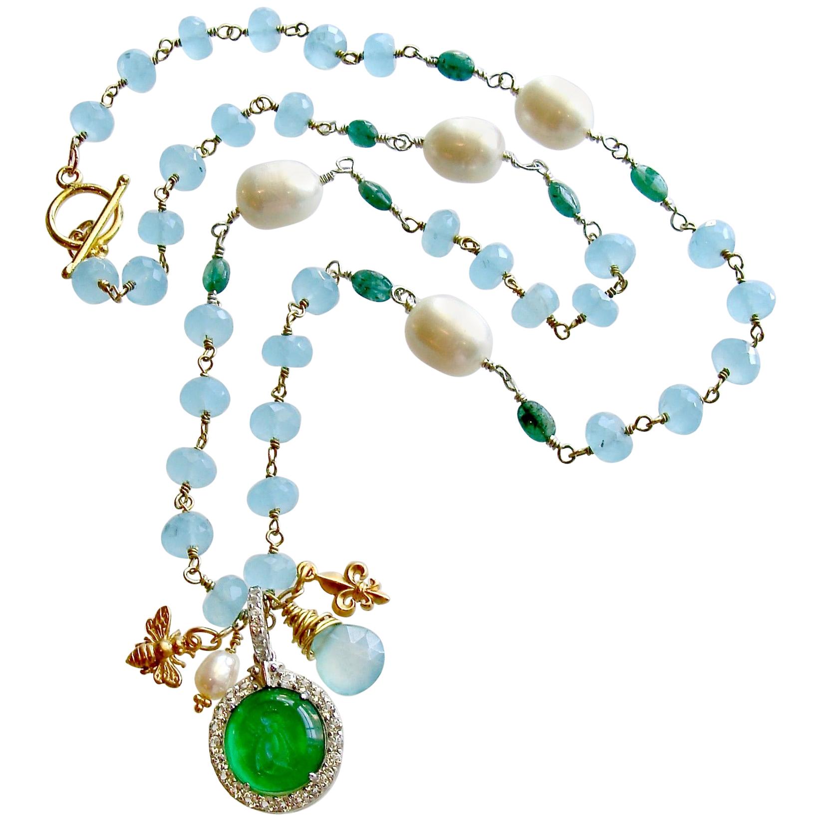 Napoleonic Bee Venetian Glass Intaglio Aqua Chalcedony Emerald Pearl Necklace