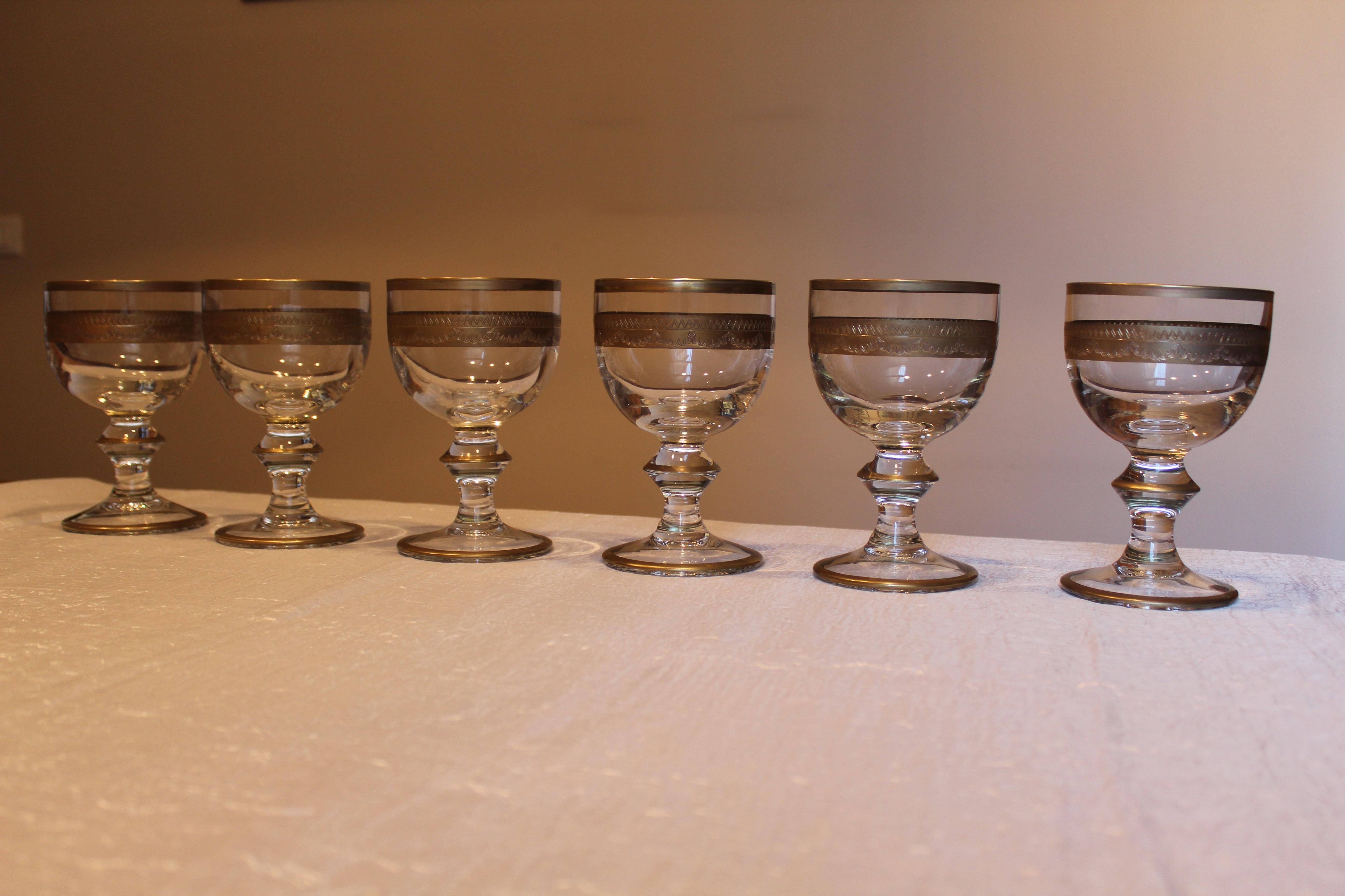 Neoclassical Napoleonic Blown Glass Set, Engraved Golden Decoration For Sale