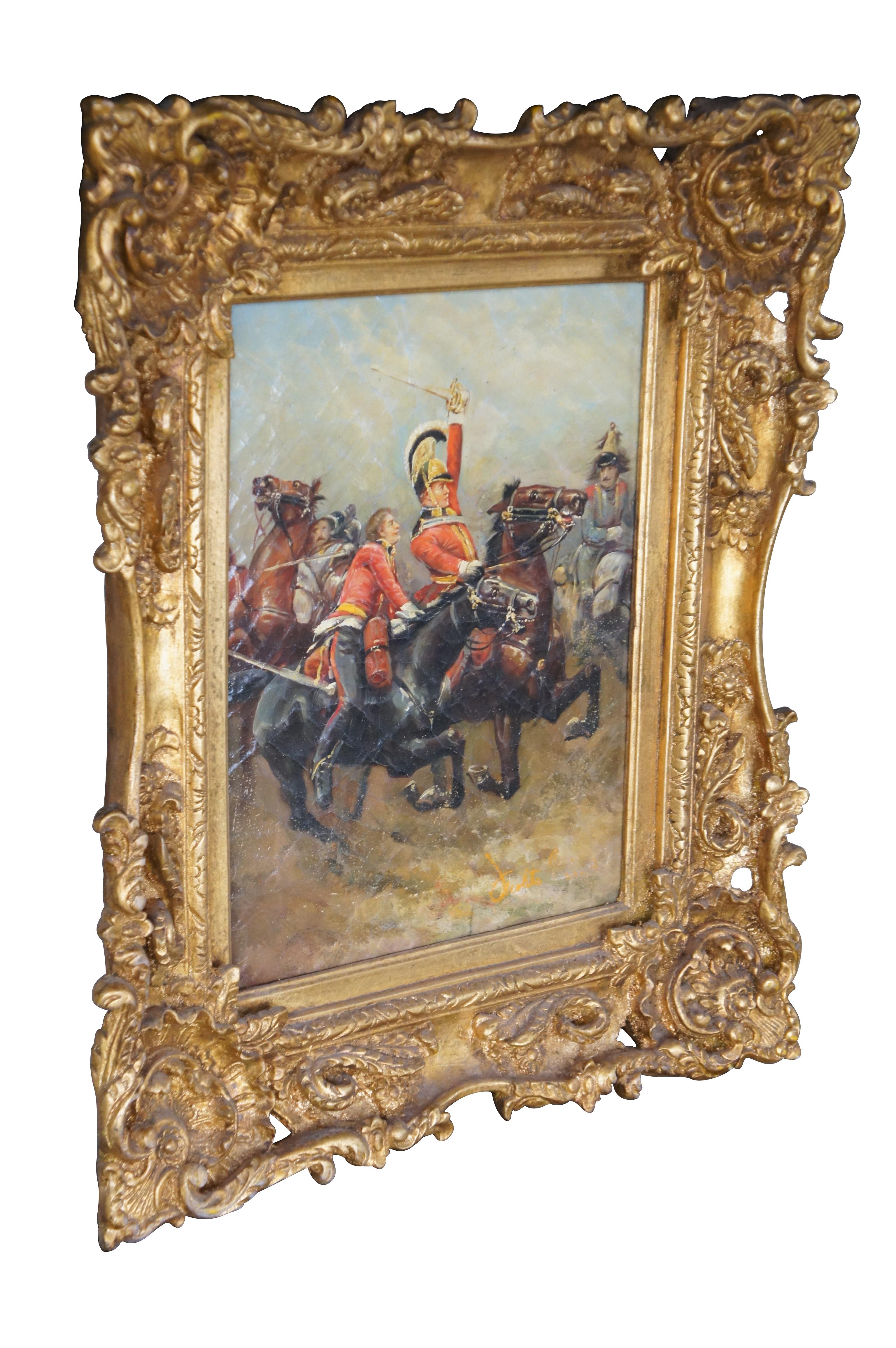 A large and impressive Victorian Revival painting depicting the charge of the Life Guards at the Battle of Waterloo. The painting is after the famous military artist Richard Caton Woodville, Jr. (1856-1927). The striking painting is on naturally