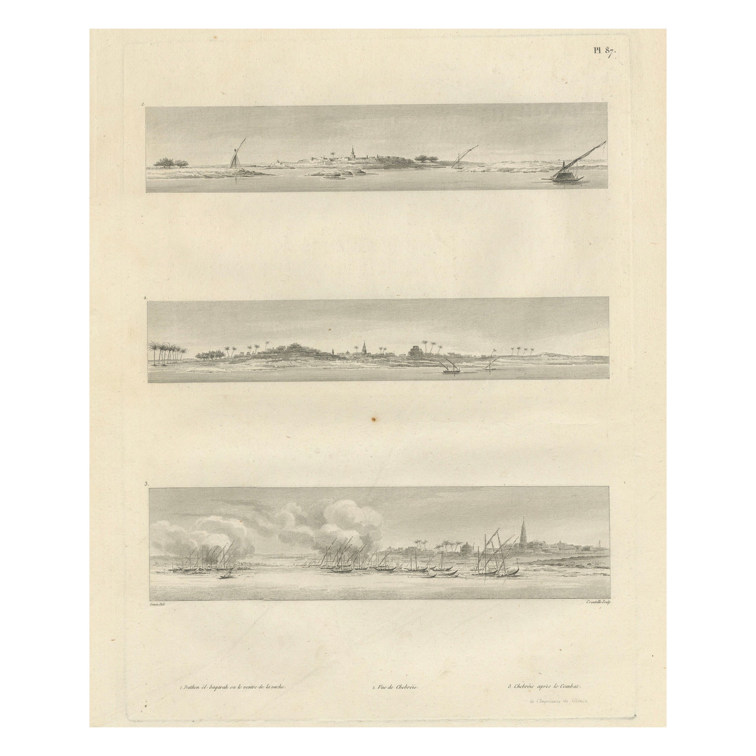 Napoleonischer Ägypten-Feldzug: Drei Panoramabilder entlang des Nils, um 1802