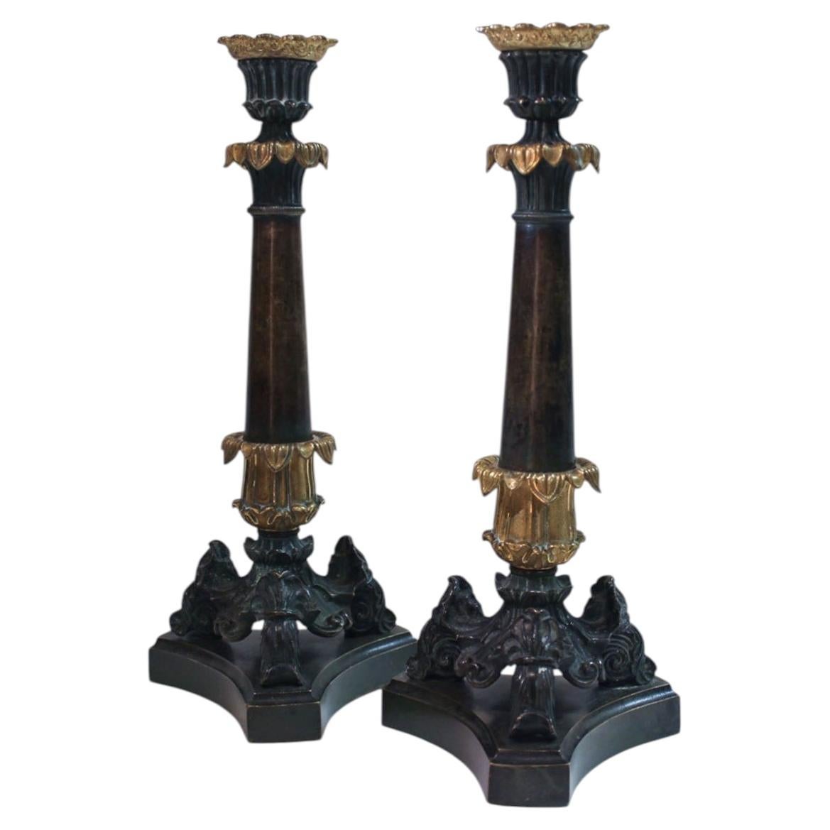 Napoleonic Elegance: A Pair of French Empire Bronze Candlesticks; 12" H