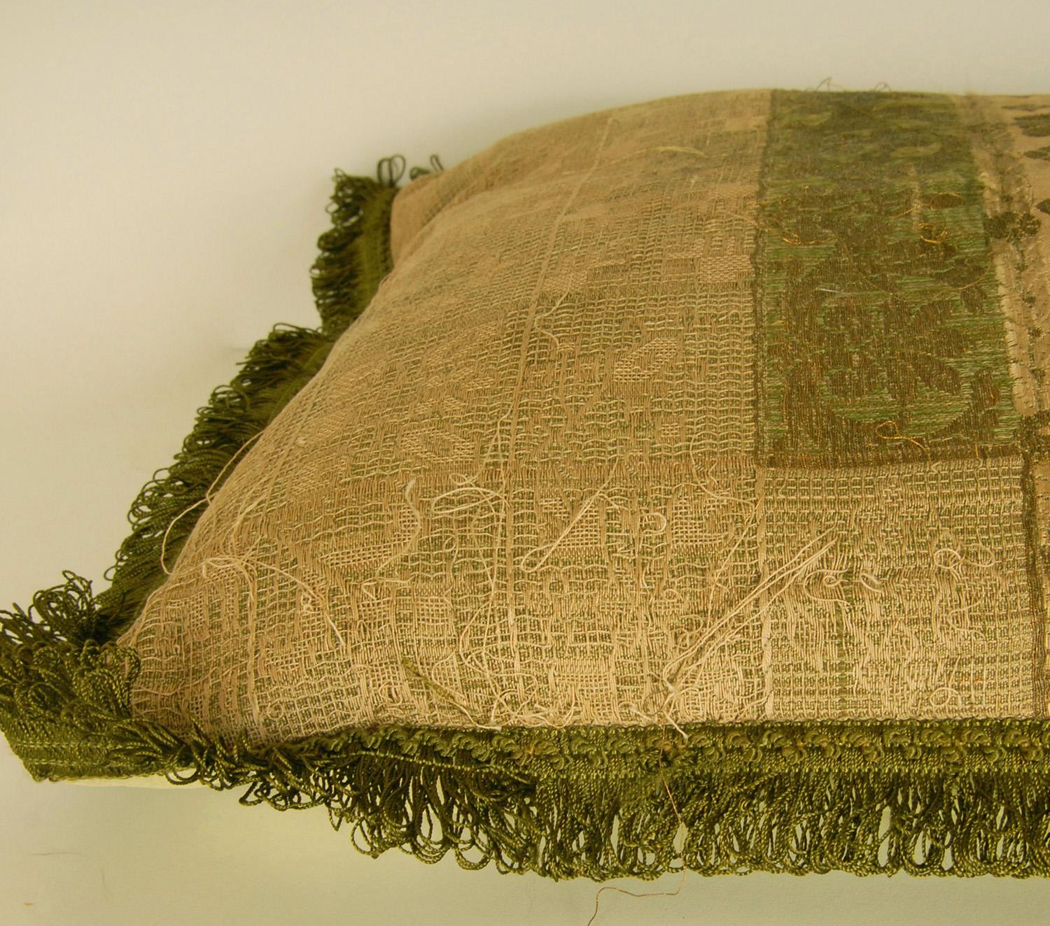 Napoleonic Empire Cushion French Silk Thread Cannetille Green Cream Throw Pillow For Sale 6