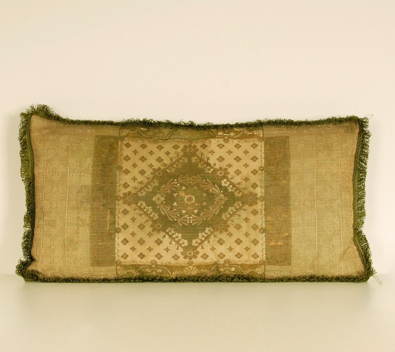 Napoleonic Empire Cushion French Silk Thread Cannetille Green Cream Throw Pillow For Sale 7